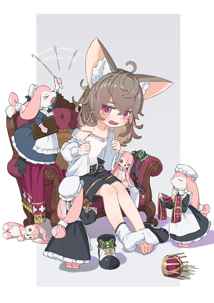 ikpde, original, highres, 1girl, ahoge, animal ear fluff, blonde hair, blue shorts, breasts, brown hair, camisole, colored inner hair, couch, crossed bangs, crown, full body, hair between eyes, long sleeves, medium hair, multicolored hair, on couch, open clothes, open mouth, open shirt, puffy long sleeves, puffy sleeves, purple eyes, rabbit, shirt, shoes, shorts, single bare foot, single sock, sitting, small breasts, sock dangle, socks, strap slip, stuffed animal, stuffed rabbit, stuffed toy, tearing up, two-tone hair, undressing, unworn crown, unworn shoes, white camisole, white shirt, white socks