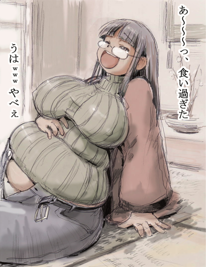 nekokami, kobayakawa horan, original, translation request, 1girl, belly grab, belly stuffing, big belly, breasts, brown eyes, brown hair, covered erect nipples, fat, female focus, glasses, huge breasts, midriff, navel, open mouth, open pants, pants, plump, smile, solo, sweater, unbuttoned, unzipped