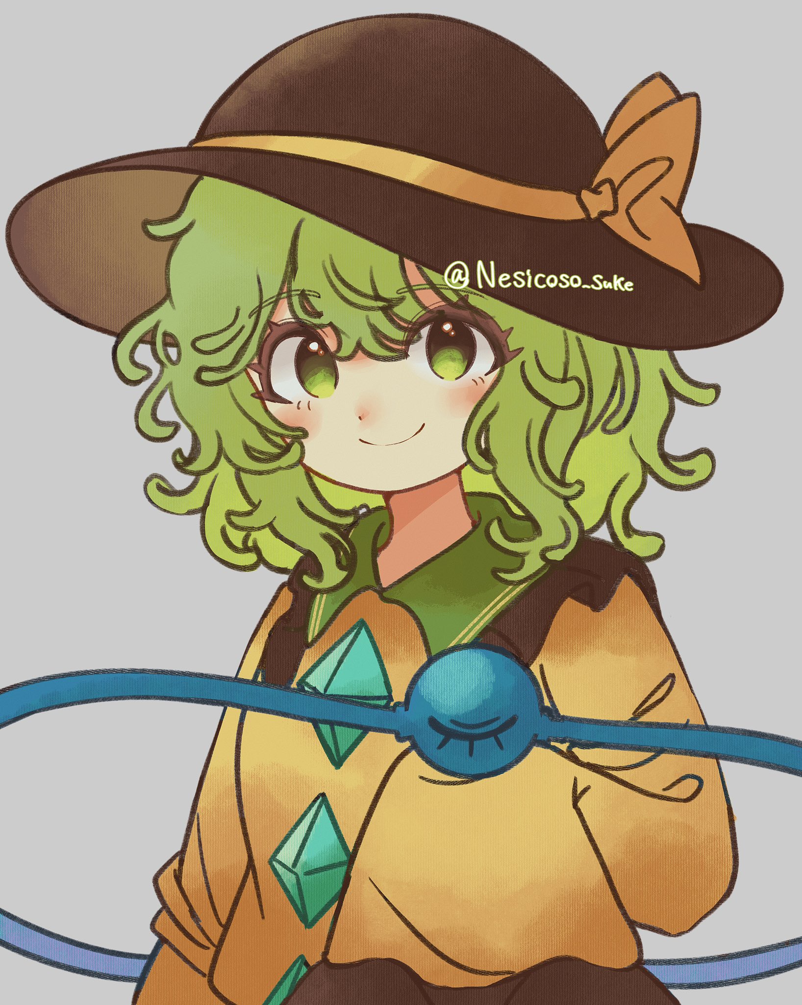 chamusuke (nesicoso suke), komeiji koishi, touhou, highres, 1girl, black hat, blouse, blush, bow, buttons, diamond button, eyeball, frilled shirt collar, frilled sleeves, frills, green eyes, green hair, hat, hat bow, hat ribbon, light smile, ribbon, shirt, third eye, upper body, yellow bow, yellow ribbon, yellow shirt
