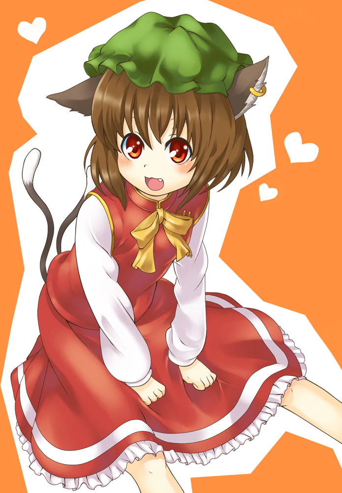 mitsuki meia, chen, touhou, bad id, bad pixiv id, 1girl, animal ears, cat ears, cat girl, fang, female focus, hat, skirt, solo