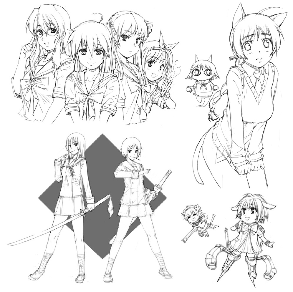 shirayuki shoushirou, hiiragi kagami, hiiragi tsukasa, isayama yomi, izumi konata, lynette bishop, miyafuji yoshika, sanya v. litvyak, takara miyuki, tsuchimiya kagura, ga-rei, ga-rei zero, galaxy angel, lucky star, strike witches, world witches series, 00s, 6+girls, greyscale, katana, monochrome, multiple girls, school uniform, serafuku, siblings, sisters, standing, sword, twins, weapon