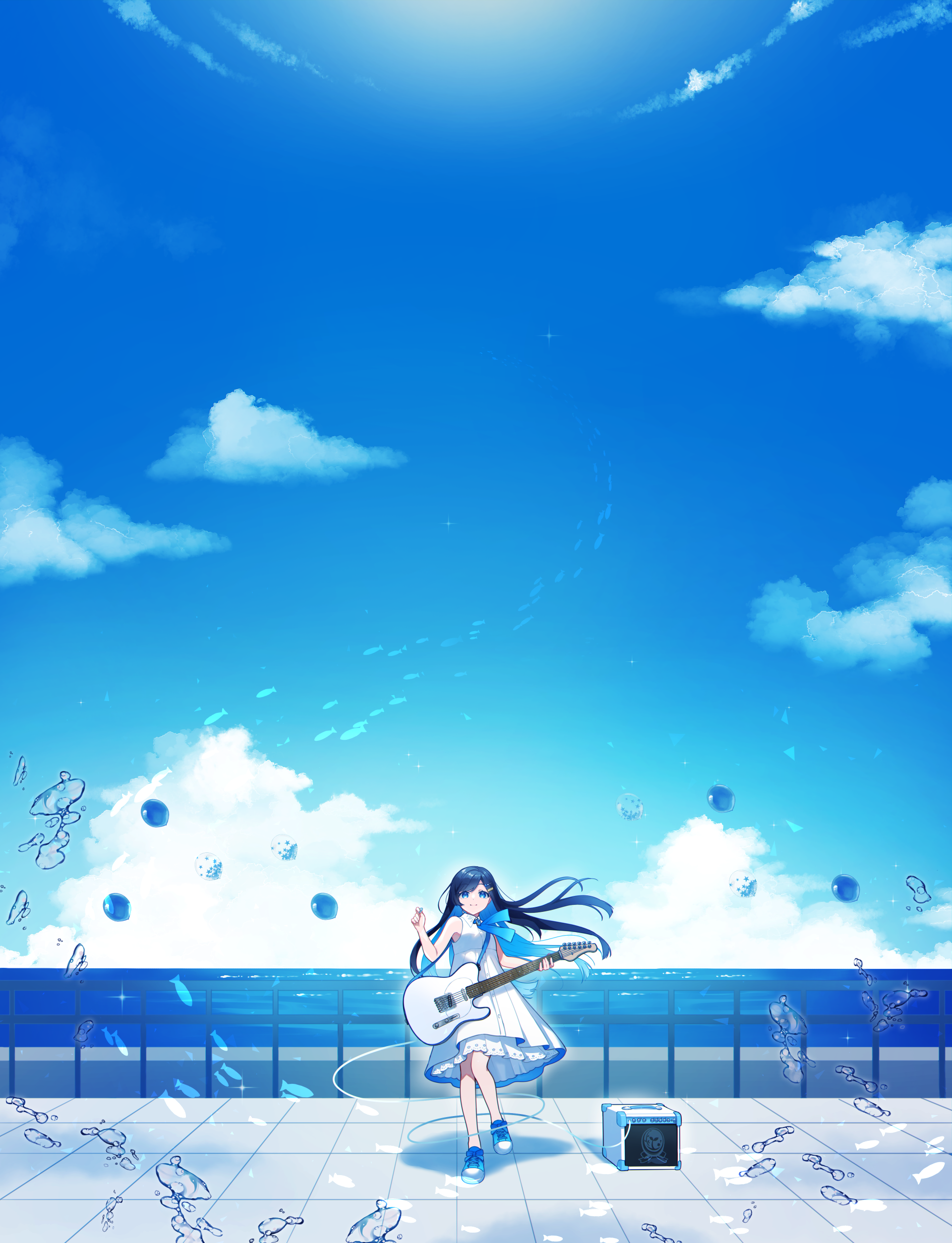 binchou maguro, futaba minato, cevio, absurdres, highres, 1girl, bare arms, bare shoulders, blue eyes, blue hair, blue ribbon, blue shoes, blue sky, closed mouth, cloud, collared dress, colored inner hair, day, dress, guitar, hair ornament, hairclip, holding, holding guitar, holding instrument, instrument, long hair, missing commentary, multicolored hair, neck ribbon, ocean, outdoors, ribbon, shoes, sky, sleeveless, sleeveless dress, smile, solo, splashing, standing, wide shot