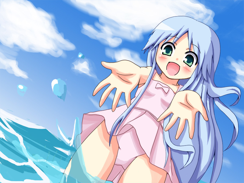 darkside, darkside (pixiv98115), index (toaru majutsu no index), toaru majutsu no index, bad id, bad pixiv id, 00s, blue hair, casual one-piece swimsuit, green eyes, long hair, one-piece swimsuit, solo, splashing, swimsuit, water