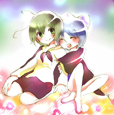 koroneri, cirno, wriggle nightbug, touhou, lowres, 2girls, antennae, barefoot, blue hair, blush, bow, cape, closed eyes, female focus, green eyes, green hair, hair bow, multiple girls, open mouth