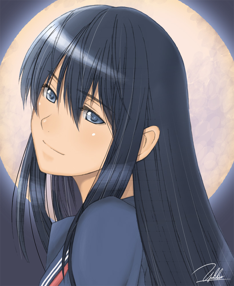 yukihiro, original, 1girl, blue eyes, blue hair, female focus, full moon, light smile, long hair, matching hair/eyes, moon, signature, sketch, solo