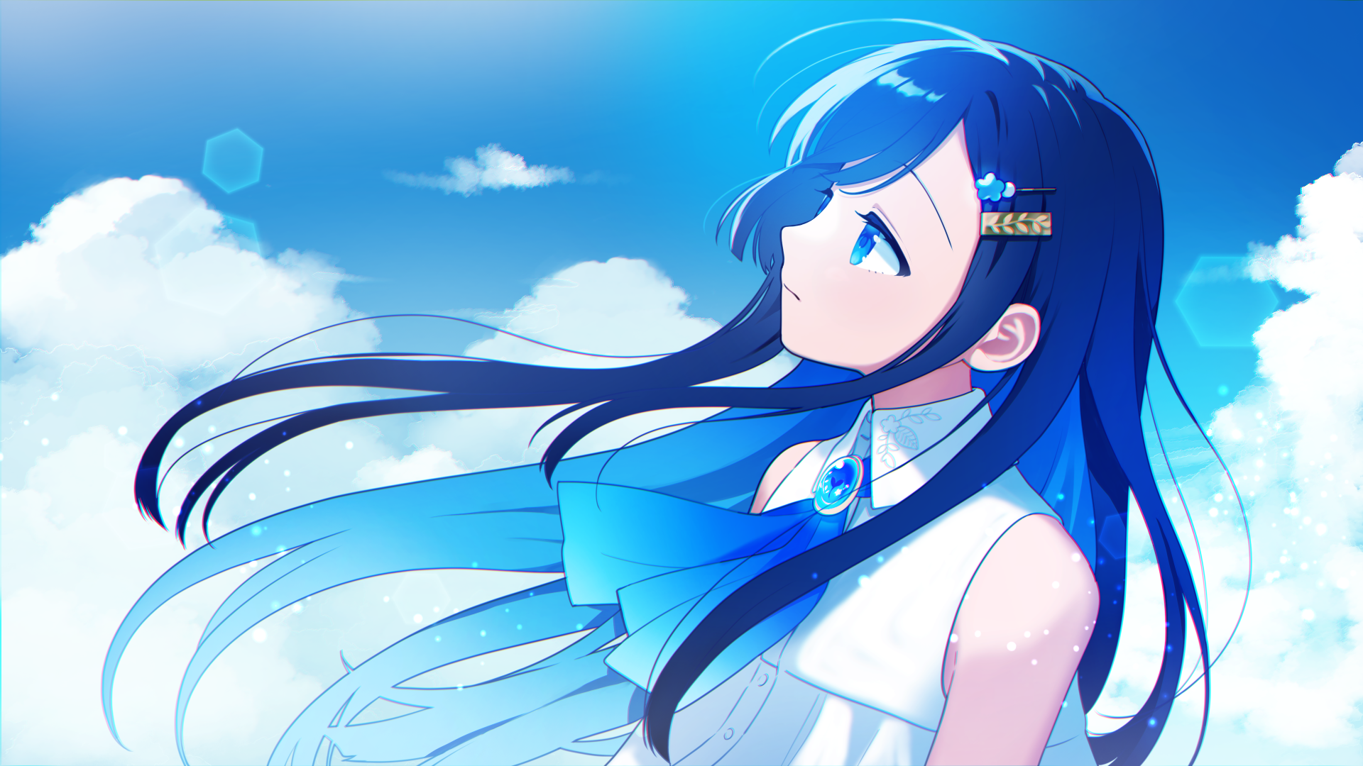 binchou maguro, futaba minato, cevio, highres, 1girl, ascot, bare shoulders, blue ascot, blue eyes, blue hair, blue sky, closed mouth, cloud, collared dress, day, dress, from side, hair ornament, hairclip, long hair, looking at viewer, missing commentary, outdoors, sky, sleeveless, sleeveless dress, solo, upper body, white dress
