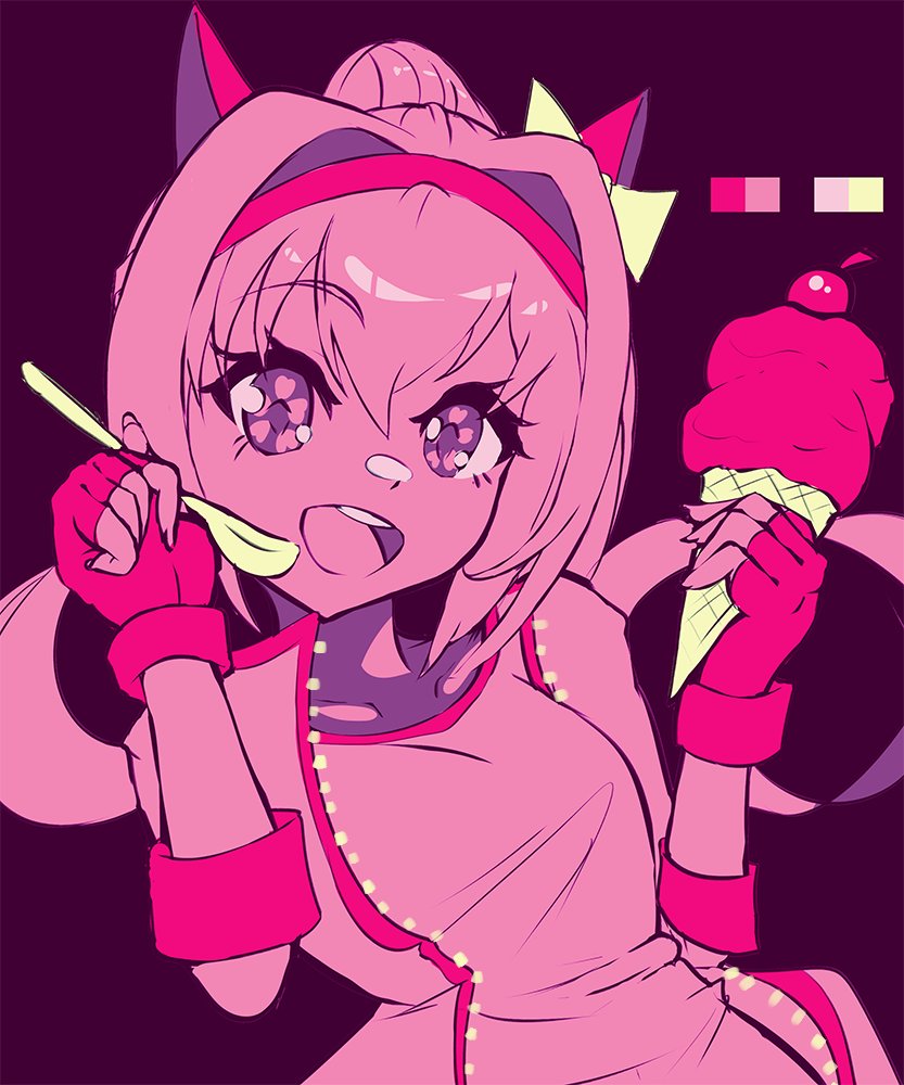 keldancon, haru urara (bestest prize) (umamusume), haru urara (umamusume), umamusume, 1girl, animal ears, bow, ear bow, ear covers, fingerless gloves, flower-shaped pupils, flower in eye, food, gloves, hairband, headband, holding, holding food, holding ice cream, holding spoon, horse ears, horse girl, ice cream, ice cream cone, jacket, long hair, looking at viewer, monochrome, open mouth, pink headband, ponytail, purple eyes, red gloves, red headband, shirt, simple background, smile, solo, spoon, symbol-shaped pupils, symbol in eye, teeth, upper body, upper teeth only, white jacket, white shirt