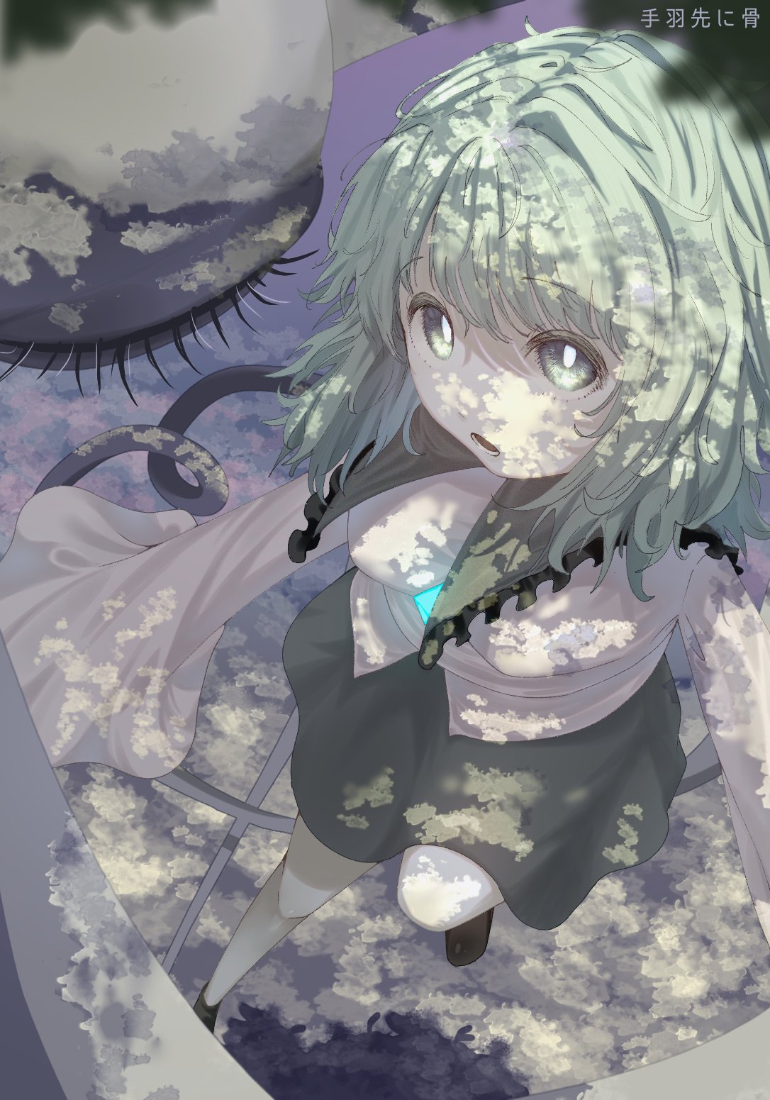 usinohone, komeiji koishi, touhou, highres, blouse, buttons, diamond button, eyeball, frilled shirt collar, frills, full body, green eyes, green hair, green skirt, hair between eyes, heart, heart of string, koishi day, open mouth, shirt, short hair, skirt, third eye, yellow shirt