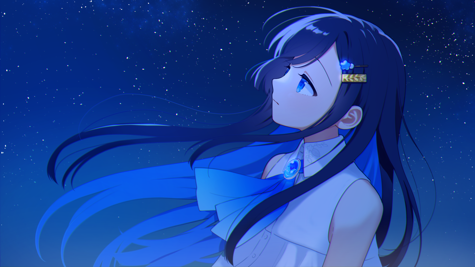 binchou maguro, futaba minato, cevio, bad source, highres, 1girl, ascot, bare shoulders, blue ascot, blue eyes, blue hair, closed mouth, collared dress, dress, from side, hair ornament, hairclip, long hair, looking at viewer, missing commentary, night, night sky, outdoors, sky, sleeveless, sleeveless dress, solo, star (sky), starry sky, upper body, white dress