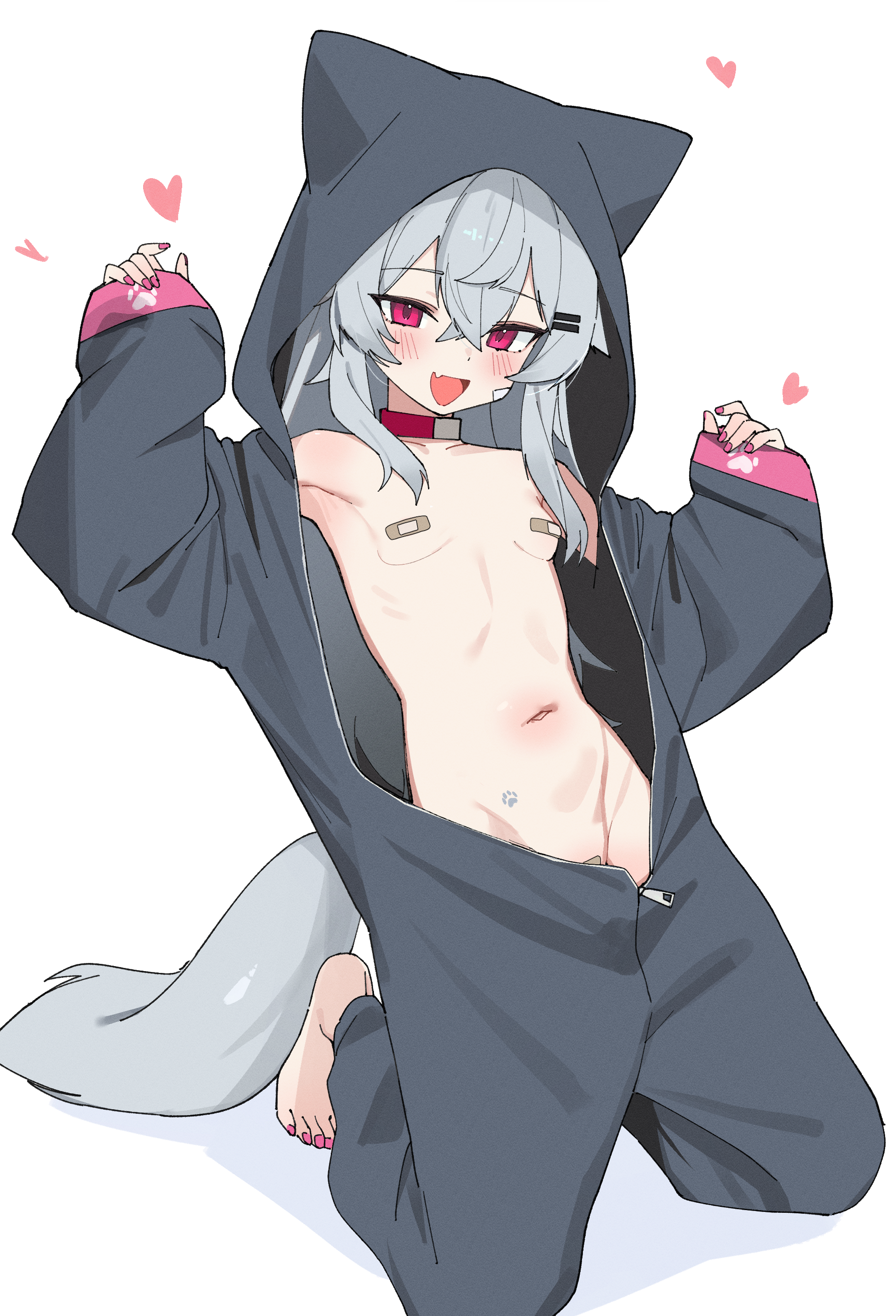 fenrir (fenriluuu), rir-chan, original, absurdres, commentary, highres, paid reward available, 1girl, :d, animal ear hood, bandaid, bandaid on pussy, bandaids on nipples, barefoot, cosplay, fake animal ears, fang, flat chest, grey hair, hair ornament, hairclip, heart, hood, hoodie, kigurumi, kneeling, long hair, long sleeves, looking at viewer, nail polish, naked hoodie, navel, open mouth, parallel hairclips, pasties, pink nails, red eyes, simple background, skin fang, smile, solo, tail, toenail polish, toenails, unzipped, white background, wolf girl, wolf tail