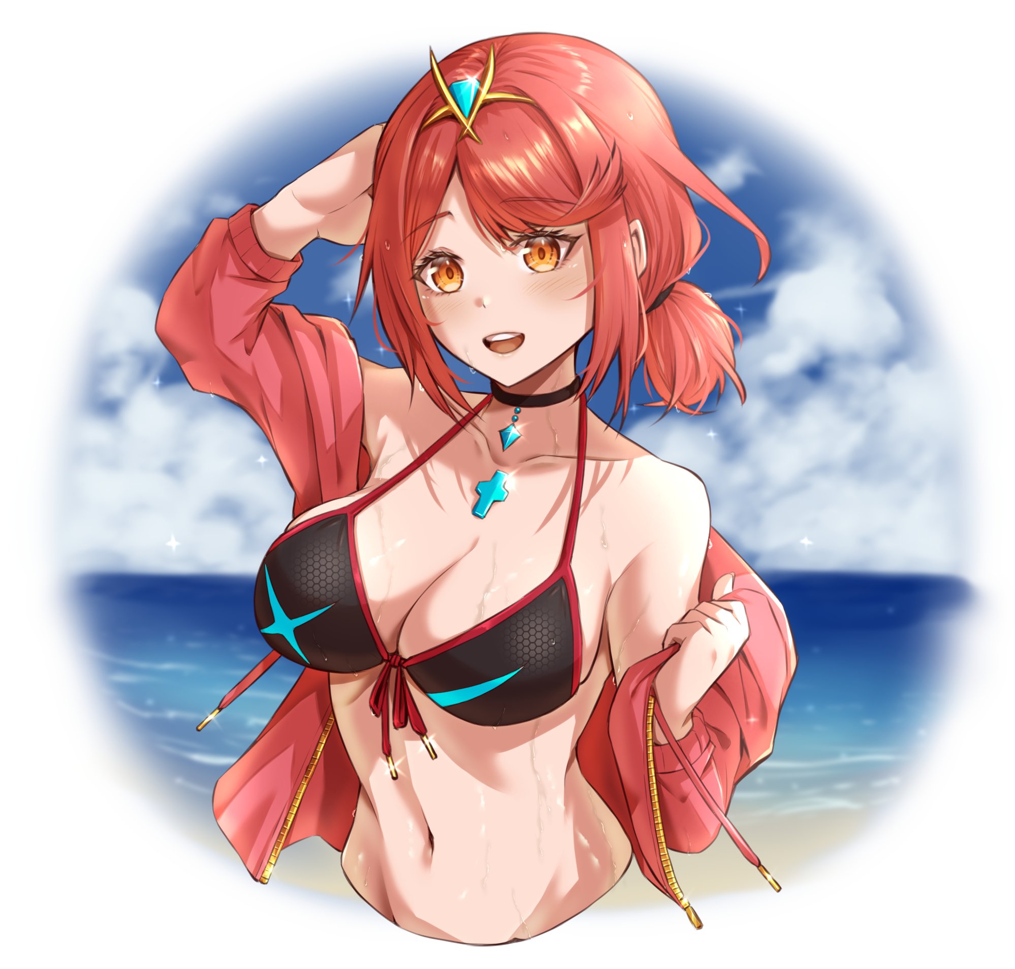 kenichiart, pyra (xenoblade), xenoblade chronicles (series), xenoblade chronicles 2, commentary request, highres, 1girl, alternate costume, aqua gemstone, arm behind head, beach, bikini, black bikini, black choker, blue sky, breasts, chest jewel, choker, cleavage, collarbone, core crystal (xenoblade), cropped torso, front-tie bikini top, front-tie top, gem, hair tubes, jacket, large breasts, navel, ocean, off shoulder, open clothes, open jacket, open mouth, ponytail, red eyes, red hair, red jacket, red trim, short hair, short ponytail, sky, smile, solo, string bikini, swimsuit, teeth, tiara, upper teeth only