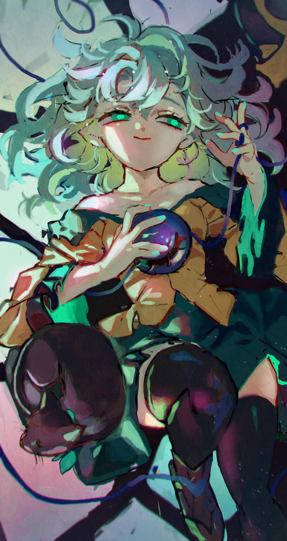 ndasuzu (n64qd11), komeiji koishi, touhou, highres, 1girl, black hat, black thighhighs, blouse, cat, eyeball, frilled shirt collar, frilled sleeves, frills, green eyes, green hair, green skirt, hair between eyes, hat, hat ribbon, lying, ribbon, shirt, short hair, skirt, thighhighs, third eye, yellow ribbon, yellow shirt
