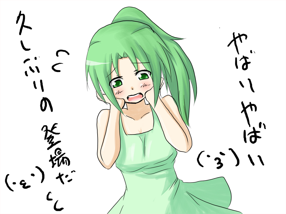 darkside, darkside (pixiv98115), sonozaki mion, higurashi no naku koro ni, bad id, bad pixiv id, translated, 00s, dress, green eyes, green hair, ponytail, solo