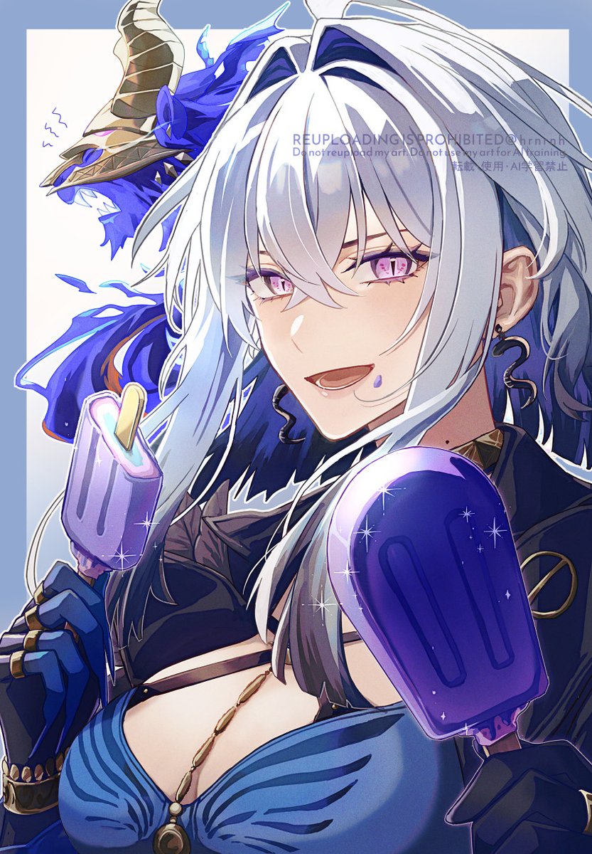haruna (hrnrnh), galbrena (wuthering waves), wuthering waves, commentary request, highres, 1girl, black gloves, black jacket, blue bra, blue hair, blue nails, bra, breasts, colored inner hair, earrings, food, gloves, gold choker, grey hair, hair between eyes, hair intakes, holding, holding food, holding popsicle, jacket, jewelry, large breasts, looking at viewer, medium hair, mole, mole on neck, multicolored hair, mutation, offering food, open mouth, popsicle, purple eyes, sidelocks, single glove, smile, solo, tacet discord (wuthering waves), underwear, upper body, very long fingernails