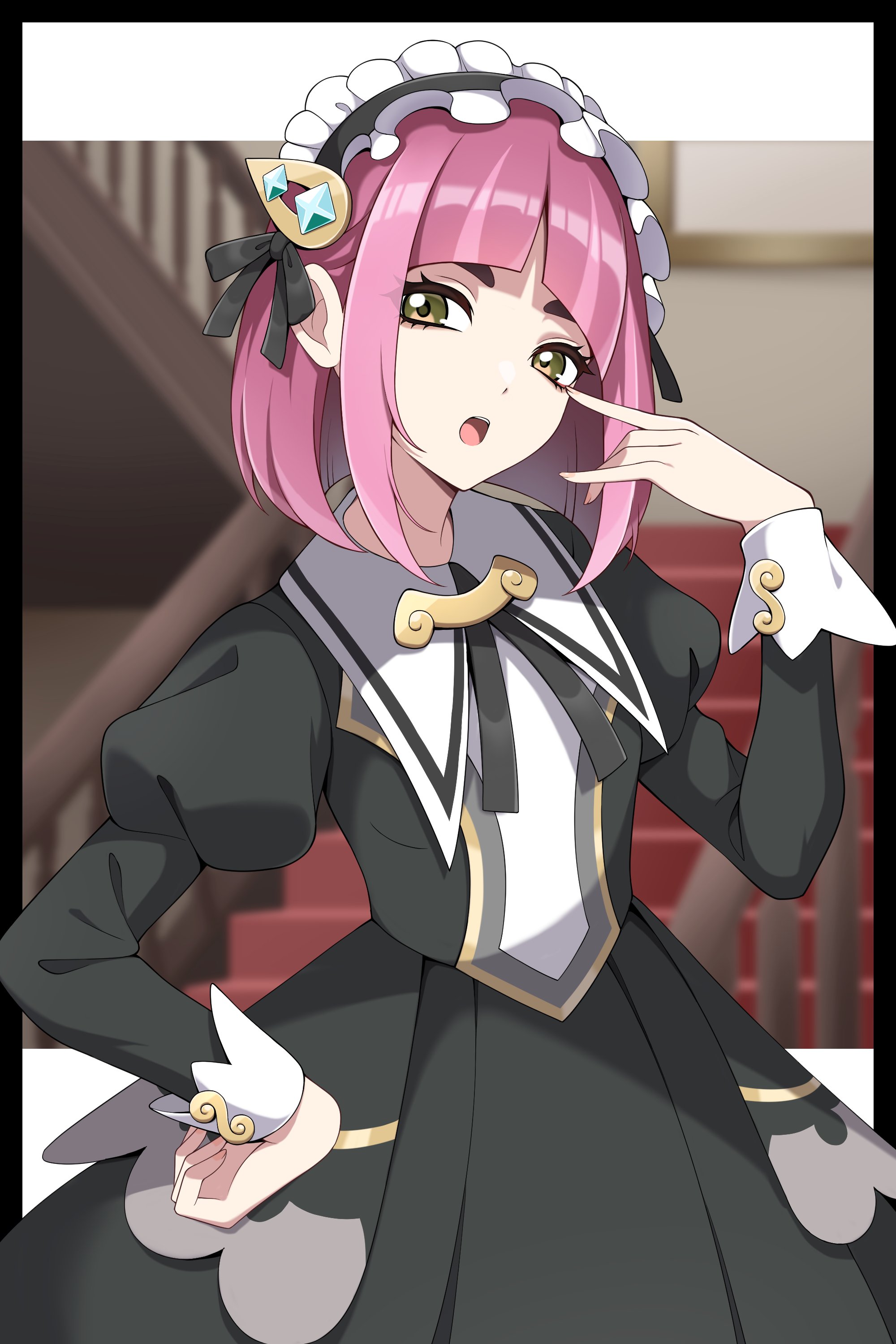 shabana may, lacey (fall 2025) (pokemon), lacey (pokemon), nintendo, pokemon, pokemon masters ex, absurdres, highres, 1girl, arched bangs, black dress, brown eyes, dress, hair ornament, hairclip, headdress, indoors, long sleeves, looking at viewer, maid, maid headdress, official alternate costume, open mouth, pink hair, short hair, solo, stairs, white headdress, yellow eyes