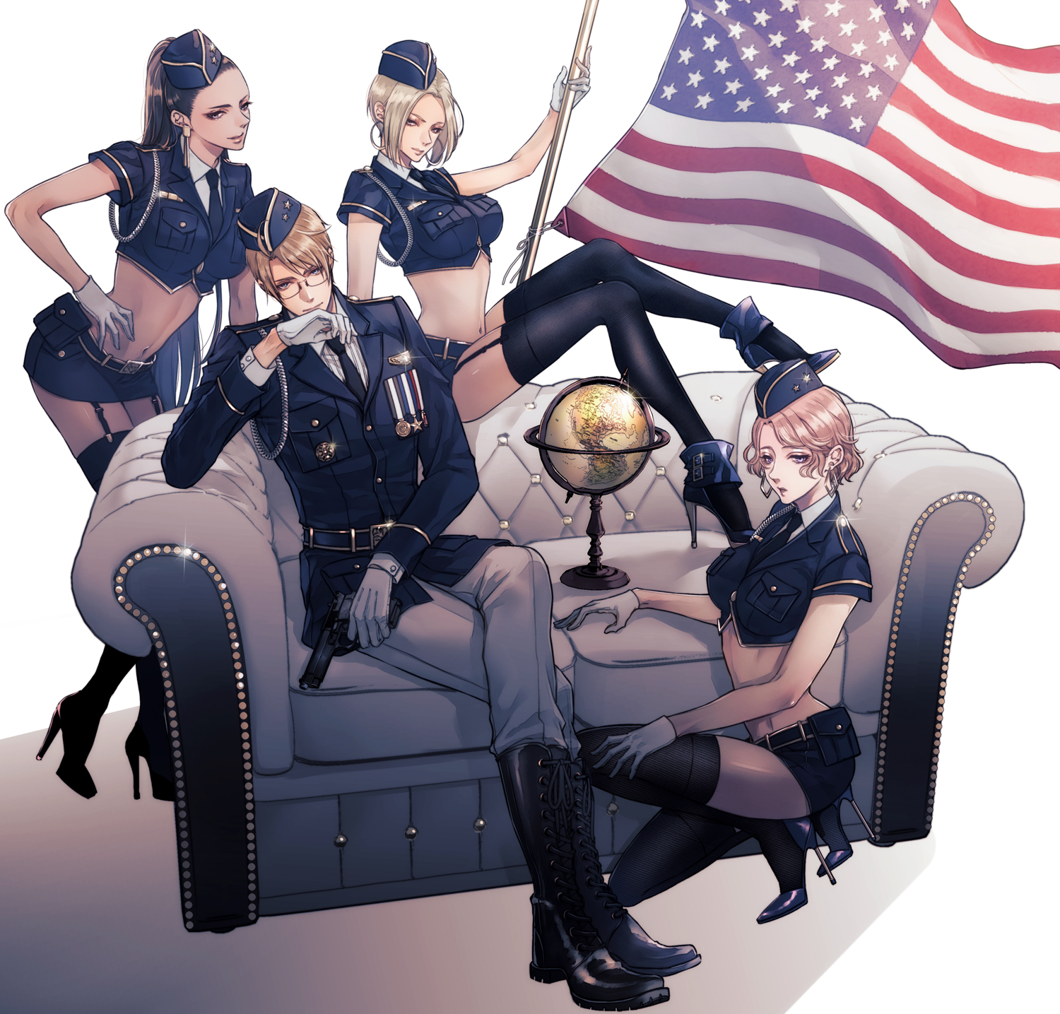 npyon, america (hetalia), axis powers hetalia, commentary request, highres, 1boy, 3girls, ahoge, aiguillette, american flag, belt, black-framed eyewear, black belt, black boots, black hair, black necktie, black shoes, black shorts, black thighhighs, blonde hair, blue eyes, blue hat, blue jacket, blue vest, boots, breast pocket, breasts, buttons, closed mouth, collared shirt, couch, crossed legs, earrings, flag, full body, garter straps, glasses, globus cruciger, gloves, gold earrings, gold trim, half-closed eyes, hand on own chin, hand on own hip, hand up, hat, hat ornament, high heels, high ponytail, holding, holding flag, jacket, jewelry, lapels, large breasts, lips, long hair, long sleeves, looking at viewer, medal, midriff, military hat, military jacket, military uniform, multiple girls, navel, necktie, on couch, open mouth, pants, pocket, ponytail, semi-rimless eyewear, shirt, shoes, short hair, short shorts, short sleeves, shorts, simple background, sitting, smile, sparkle, standing, star (symbol), star hat ornament, star print, striped clothes, striped shirt, tan, teeth, thighhighs, thighs, vest, white background, white gloves, white pants, white shirt, zipper
