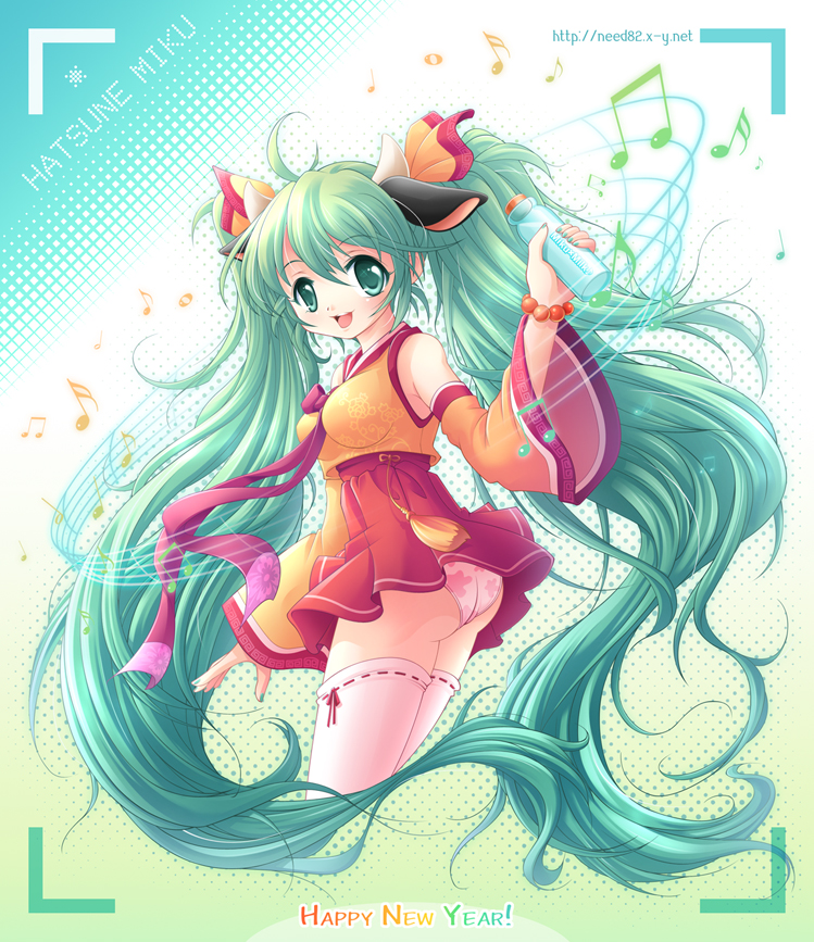 syaron, hatsune miku, vocaloid, animal ears, cow ears, cow horns, detached sleeves, green eyes, green hair, horns, long hair, new year, panties, pantyshot, skirt, solo, thighhighs, twintails, underwear, very long hair, zettai ryouiki