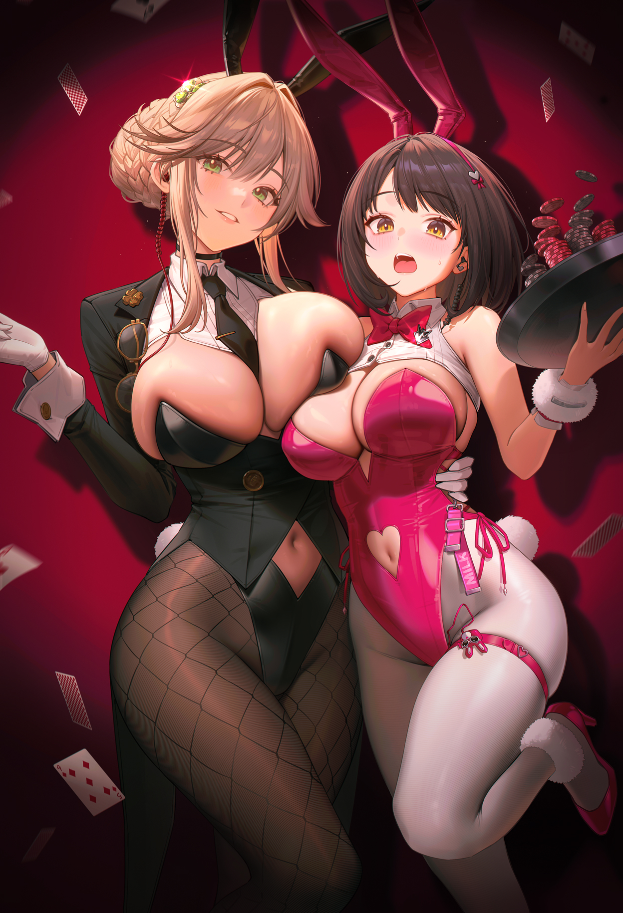 95 (jiuwujiang), ade (agent bunny) (nikke), ade (nikke), milk (blooming bunny) (nikke), milk (nikke), goddess of victory: nikke, commentary, highres, 2girls, animal ear hairband, animal ears, black choker, black coat, black leotard, black necktie, black pantyhose, blonde hair, blush, bow, bowtie, braid, breasts, brown hair, bun with braided base, choker, cleavage, clothing cutout, clover pin, coat, earpiece, eyewear hang, fake animal ears, fake tail, fishnet pantyhose, fishnets, floating card, gloves, green eyes, hair bun, hair intakes, hairband, heart cutout, highleg, highleg leotard, holding, holding tray, huge breasts, large breasts, leg warmers, leotard, looking at viewer, multiple girls, navel, navel cutout, necktie, official alternate costume, official alternate hairstyle, open mouth, pantyhose, pink bow, pink bowtie, pink leg warmers, pink leotard, playboy bunny, poker chip, rabbit ear hairband, rabbit ears, rabbit tail, red eyes, short hair, shrug (clothing), sidelocks, single hair bun, skindentation, smile, standing, standing on one leg, sweat, tail, tie clip, tray, undersized breast cup, unworn eyewear, white gloves, white pantyhose, white shrug, white wrist cuffs, wrist cuffs