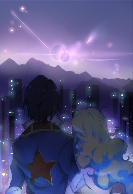 deirn, kiui, nia teppelin, simon (ttgl), tengen toppa gurren lagann, lights, bad id, bad pixiv id, 00s, 1boy, 1girl, back, black hair, city, cityscape, couple, glowing, hetero, long hair, mountain, multicolored hair, night, star (symbol)