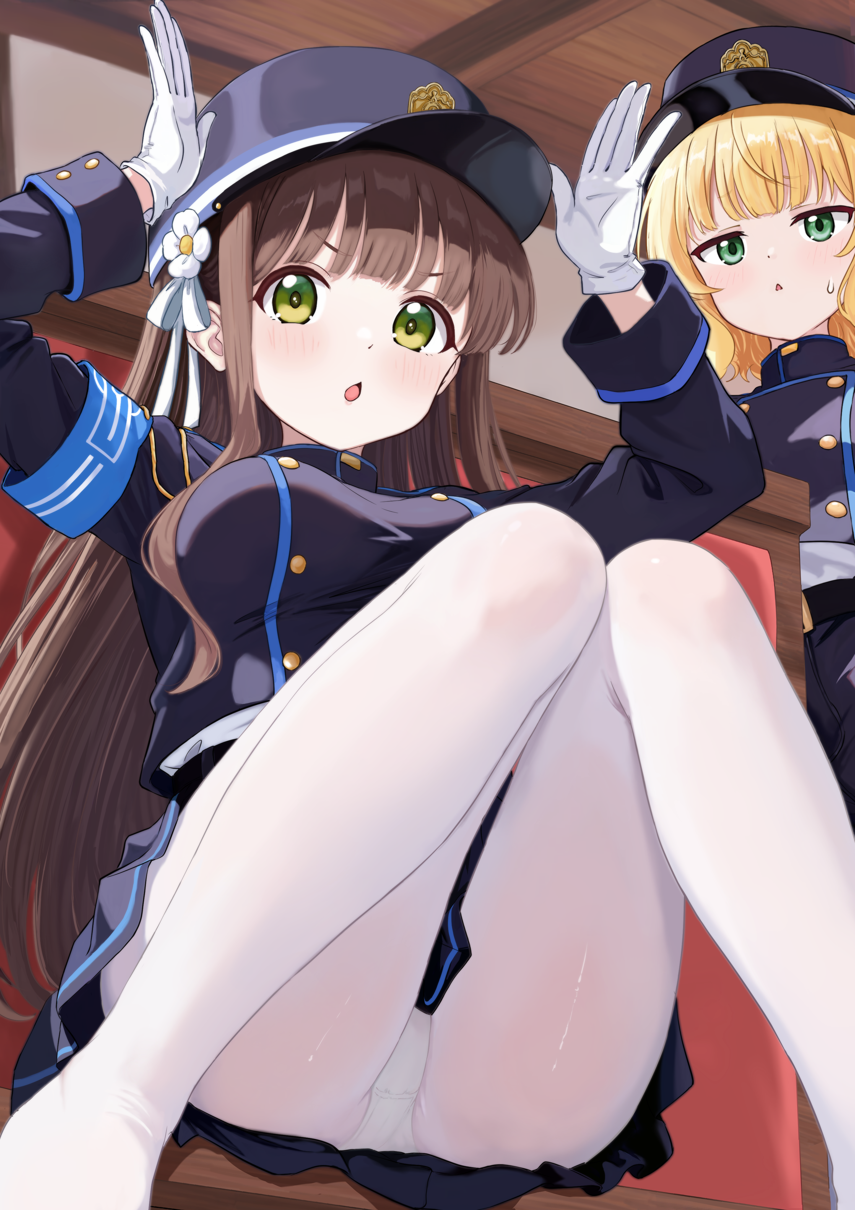 kakeian (aiyoriaosi 00), hikari (blue archive), kirima syaro, nozomi (blue archive), ujimatsu chiya, blue archive, gochuumon wa usagi desu ka?, absurdres, highres, 2girls, blonde hair, brown hair, cosplay, flower, green eyes, hair flower, hair ornament, hikari (blue archive) (cosplay), long hair, multiple girls, nozomi (blue archive) (cosplay), pantyhose, white pantyhose
