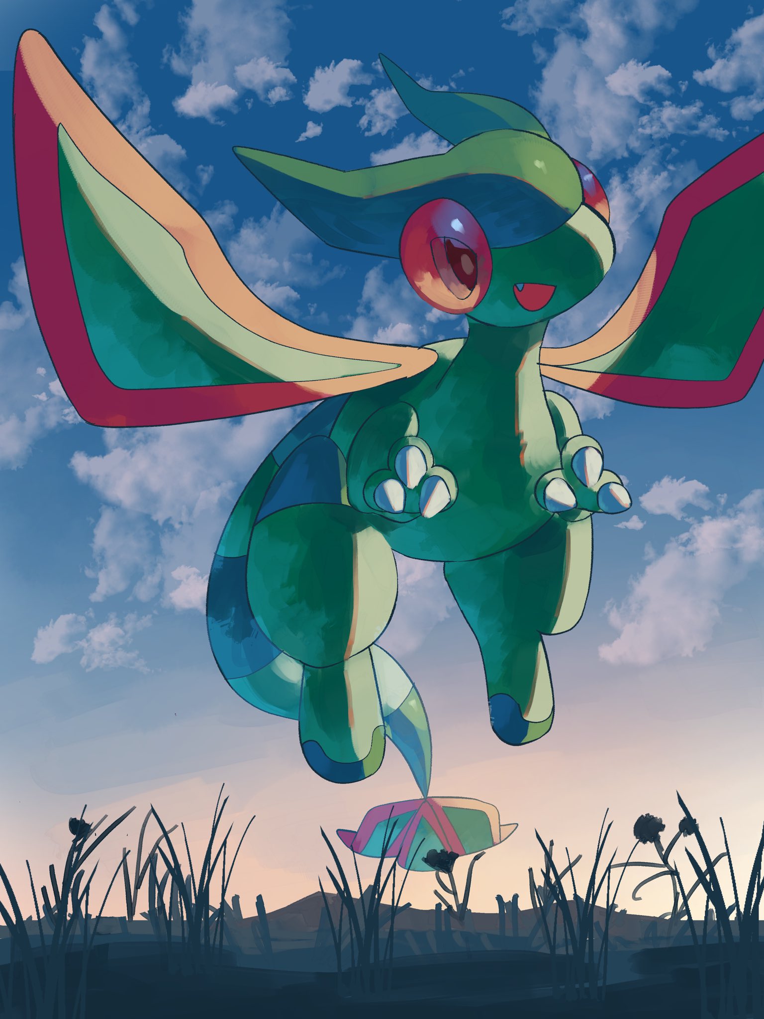 p9kfxaofqi54546, flygon, nintendo, pokemon, highres, claws, cloud, dragon, fang, gen 3 pokemon, grass, green wings, no humans, open mouth, outdoors, pokemon (creature), pokemon focus, red eyes, sky, solo, tail, wings