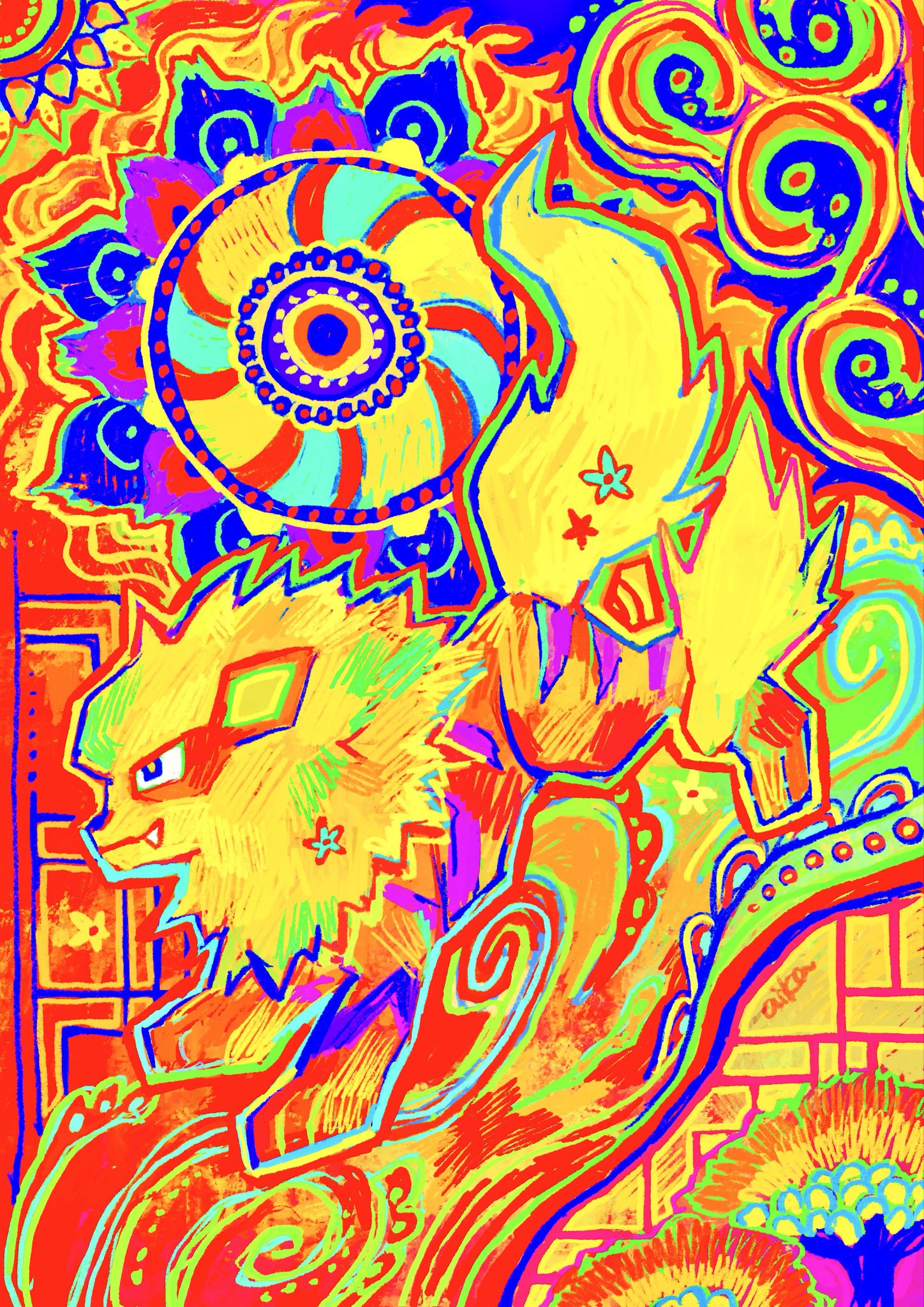 otonoha aika, arcanine, nintendo, pokemon, highres, abstract background, animal focus, closed mouth, fang, flower, full body, gen 1 pokemon, no humans, orange fur, pokemon (creature), pokemon focus, solo, tail