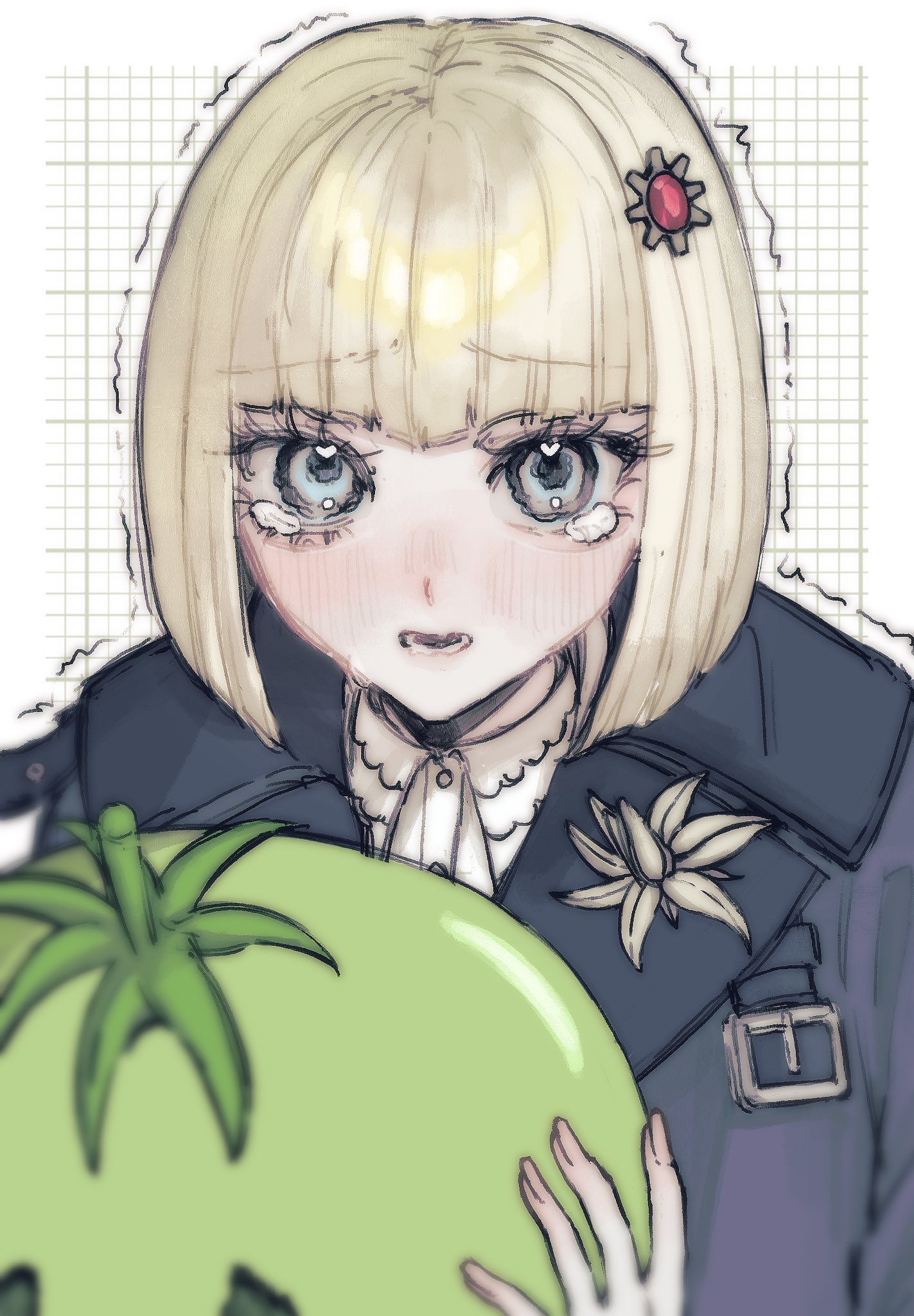 dn0lt, oosuzuki kurara, the hundred line -last defense academy-, commentary, highres, 1girl, black coat, blonde hair, blue eyes, coat, gem, gem hair ornament, hair ornament, holding, holding mask, looking at viewer, lower teeth only, mask, red gemstone, short hair, solo, tearing up, teeth, trembling, unworn mask, upper body, white background