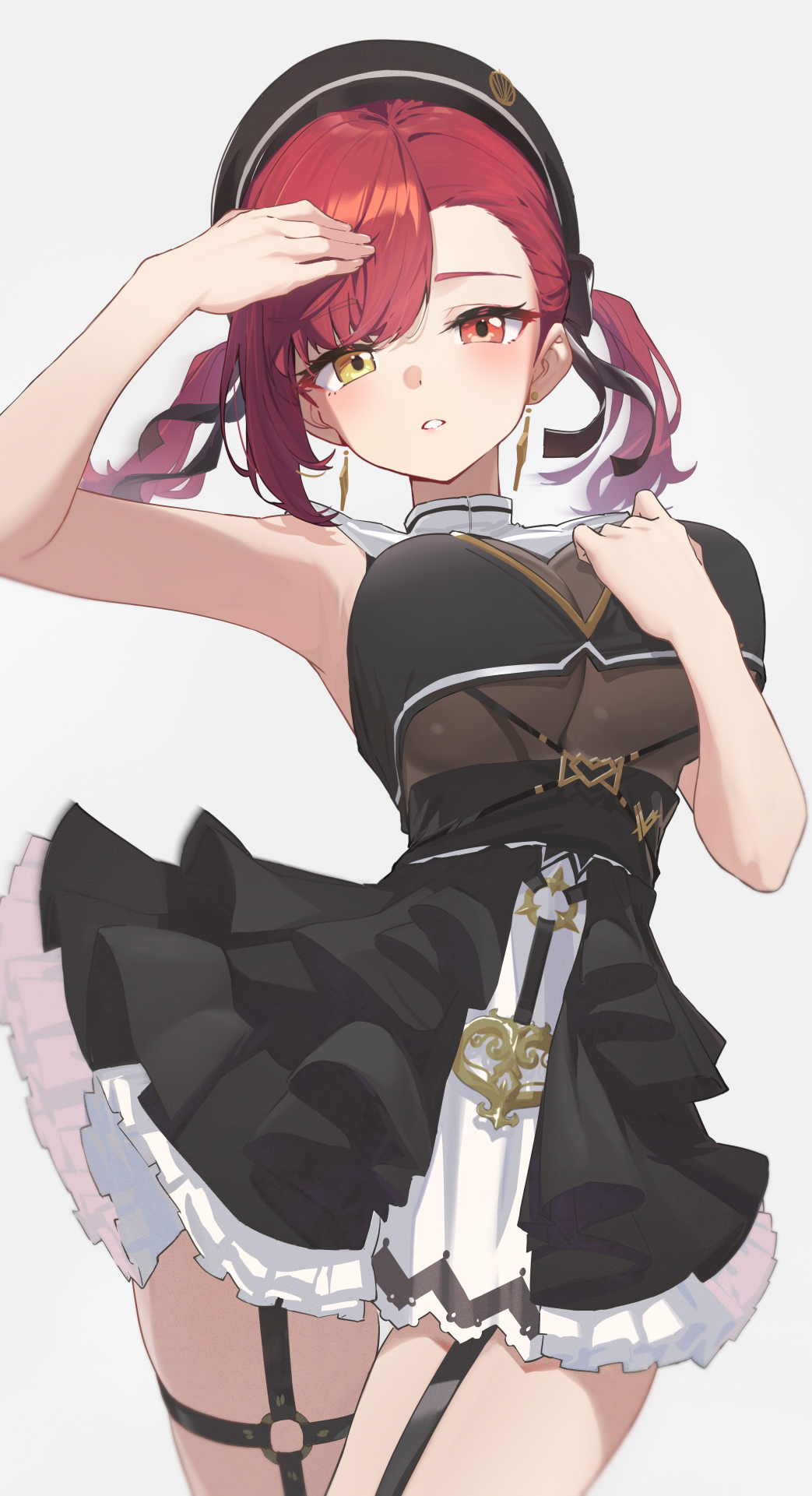 reulem, houshou marine, houshou marine (ahoy!! you're all pirates), hololive, highres, 1girl, armpits, beret, black hat, black ribbon, black skirt, black tube top, blush, breasts, frilled skirt, frills, hair ribbon, hat, heterochromia, large breasts, layered skirt, leotard, leotard under clothes, looking at viewer, o-ring, o-ring strap, o-ring thigh strap, red hair, ribbon, see-through clothes, see-through leotard, simple background, skirt, solo, strapless, thigh strap, tube top, twintails, virtual youtuber, white background, white coif, yellow eyes