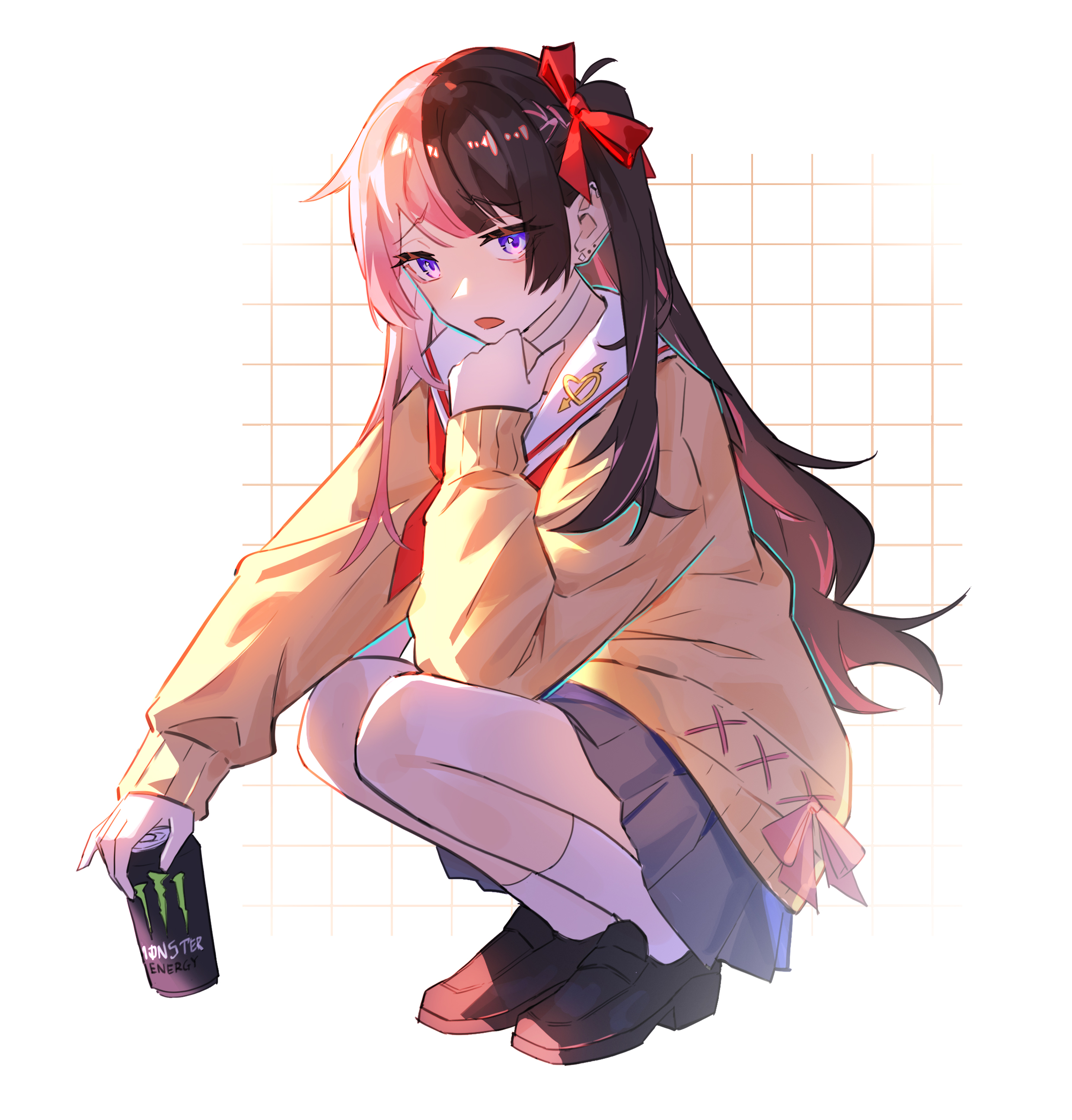 shouz, tachibana hinano, monster energy, vspo!, absurdres, commentary, highres, 1girl, black hair, black shoes, can, drink can, full body, grey skirt, hand up, holding, holding can, long hair, long sleeves, looking at viewer, miniskirt, multicolored hair, open mouth, parted bangs, pink hair, purple eyes, raised inner eyebrows, sailor collar, shoes, skirt, socks, solo, split-color hair, squatting, sweater, two-tone hair, virtual youtuber, white background, white sailor collar, white socks, yellow sweater