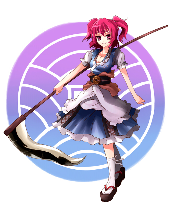 uruu gekka, onozuka komachi, touhou, 1girl, female focus, gekka, scythe, solo, twintails, two side up
