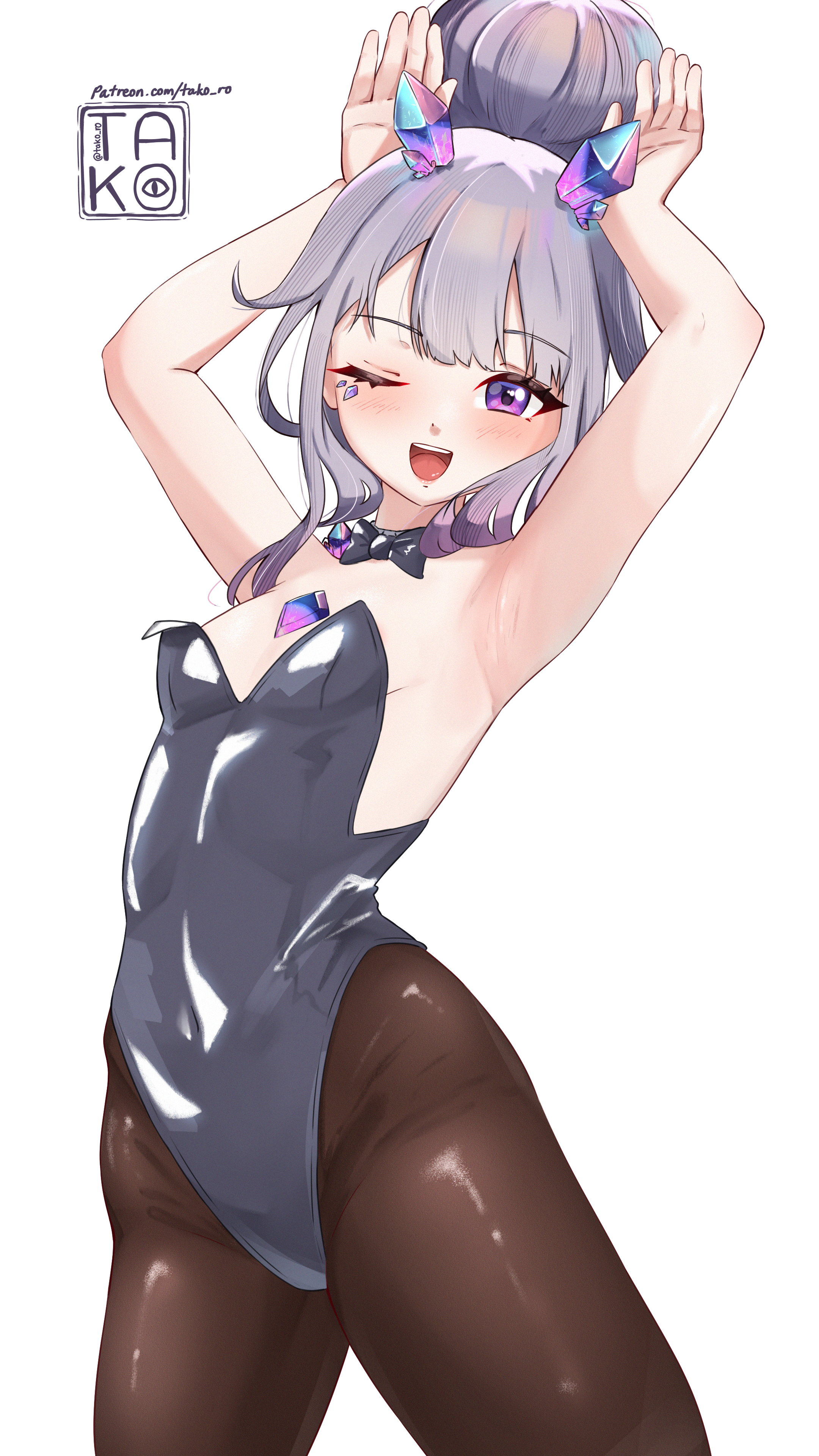 takoroki, koseki bijou, hololive, hololive english, absurdres, highres, 1girl, ;d, armpits, gem, grey hair, hair bun, long hair, one eye closed, open mouth, pantyhose, playboy bunny, purple eyes, rabbit pose, signature, simple background, single hair bun, smile, solo, virtual youtuber, white background