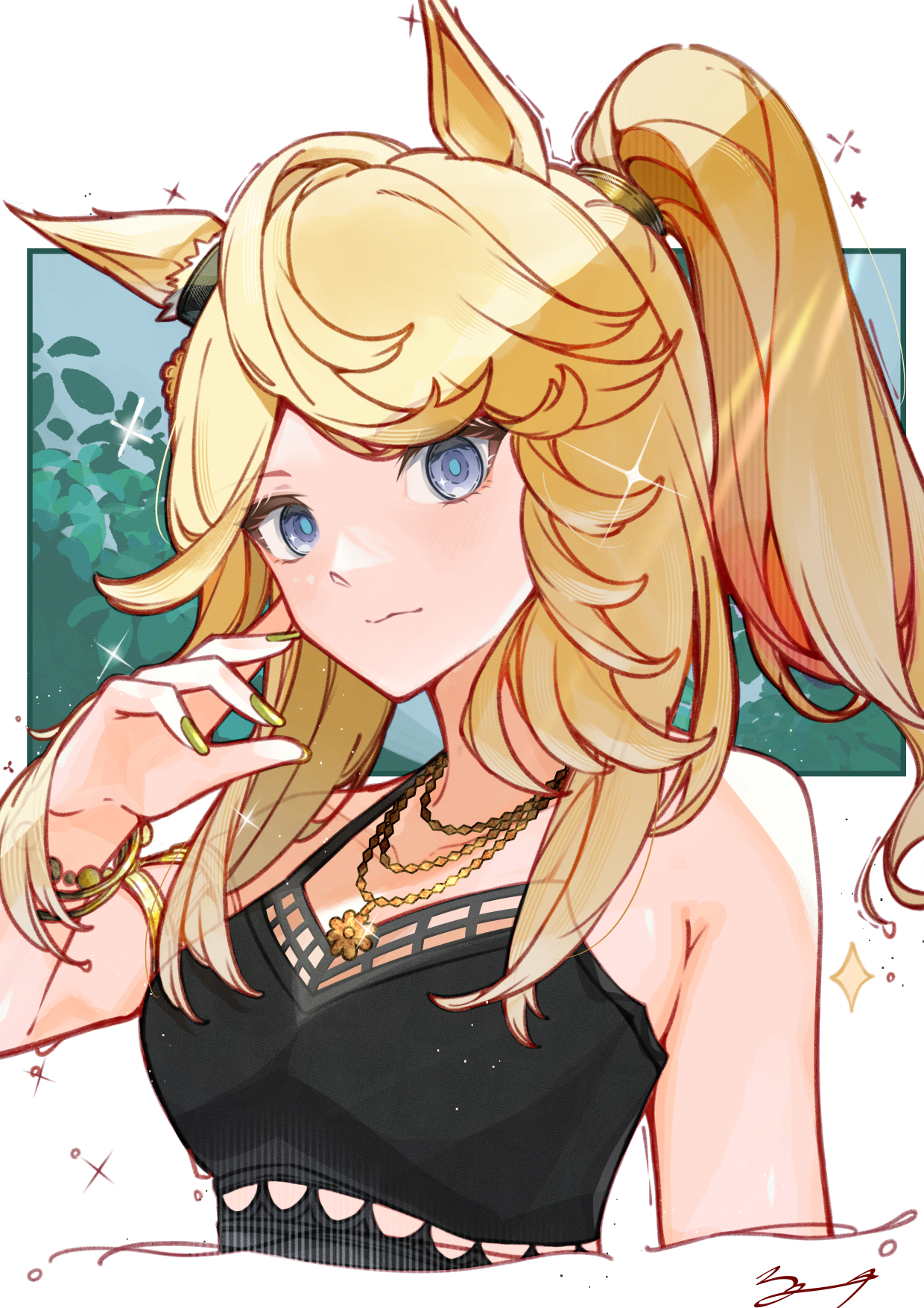 shikahisa totani, gold city (boho flare) (umamusume), gold city (umamusume), umamusume, gold armlet, highres, 1girl, animal ears, armlet, bare shoulders, bikini, black bikini, blonde hair, blue eyes, bracelet, breasts, closed mouth, ear ornament, gold bracelet, gold necklace, horse ears, horse girl, jewelry, long hair, looking at viewer, necklace, official alternate costume, official alternate hairstyle, ponytail, smile, solo, swimsuit, upper body