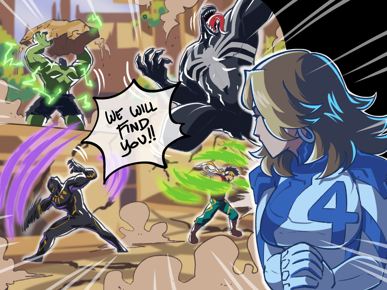 tina fate, black panther (marvel), hulk, iron fist (marvel), sue storm, venom (marvel), avengers (series), fantastic four, marvel, marvel rivals, spider-man (series), highres, blonde hair, blue bodysuit, blue eyes, bodysuit, breasts, earrings, jewelry, lin lie (marvel), long hair, long tongue, monster boy, multicolored bodysuit, muscular, muscular male, rock, sharp teeth, superhero costume, symbiote, teeth, tongue, two-tone bodysuit, very long tongue