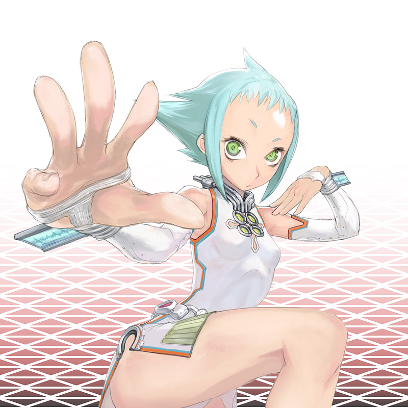 yuuma (yuusaikaden), original, aqua hair, bare shoulders, detached sleeves, fighting stance, green eyes, perspective, short hair, solo, thighs