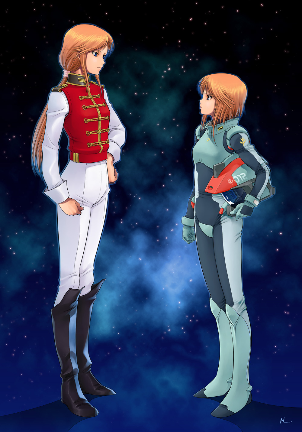 mami akira, mami hiroshi, marida cruz, puru 12, gundam, gundam unicorn, pilot suit, highres, spoilers, 2girls, blue eyes, bodysuit, dual persona, gloves, helmet, holding, holding unworn helmet, long hair, military, military uniform, multiple girls, orange hair, short hair, time paradox, unworn helmet