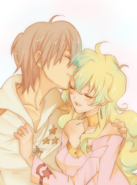 deirn, kiui, nia teppelin, simon (ttgl), tengen toppa gurren lagann, bad id, bad pixiv id, 00s, 1boy, 1girl, bare shoulders, choker, closed eyes, couple, dress, earrings, hetero, jewelry, kiss, long hair, multicolored hair, necklace, pink dress, ring, smile, star (symbol)