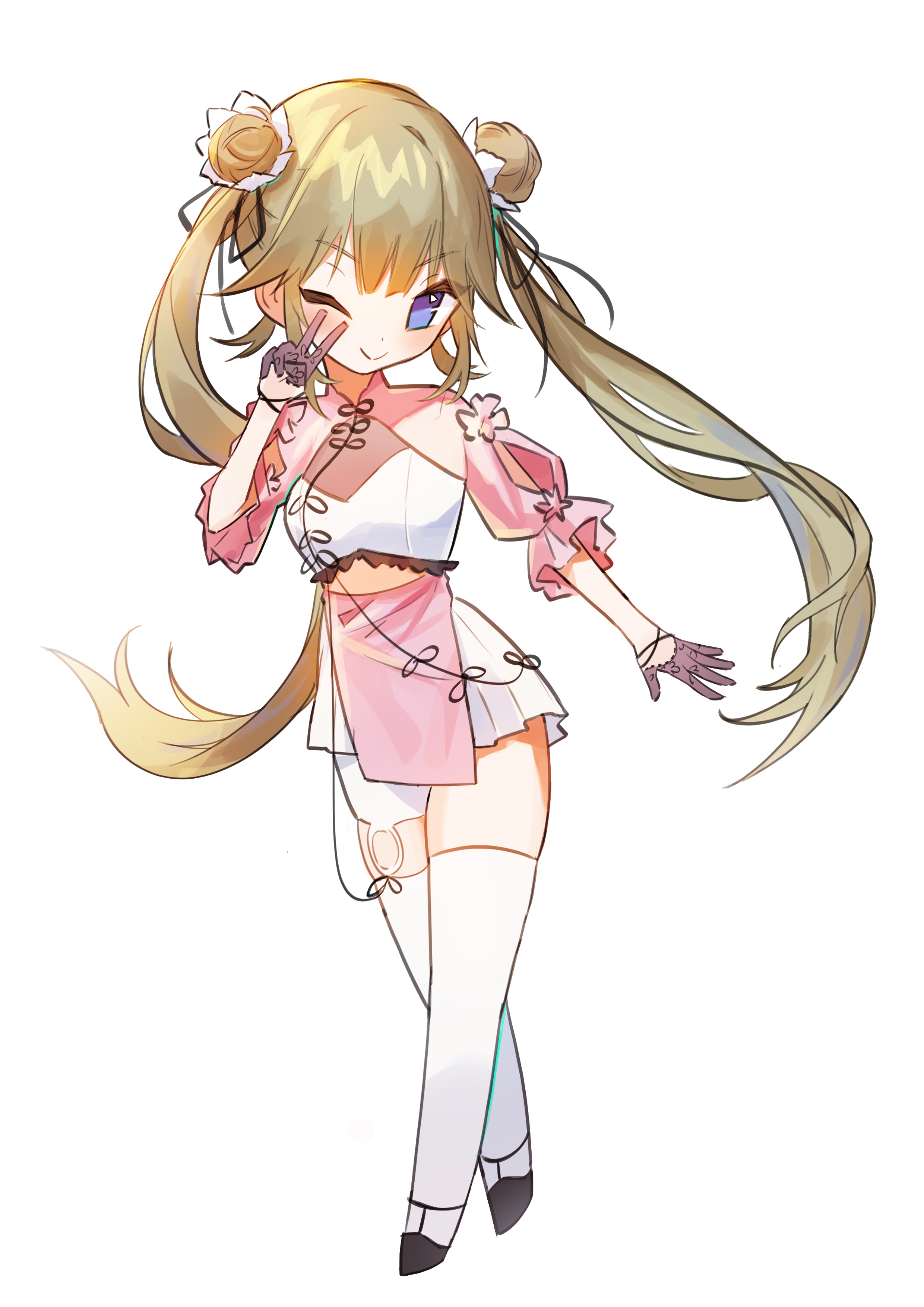 shouz, hanabusa lisa, vspo!, absurdres, commentary, highres, 1girl, black gloves, black shoes, blonde hair, blue eyes, blush, breasts, choppy bangs, closed mouth, deformed, double bun, dress, full body, gloves, hair bun, hand up, long hair, looking at viewer, one eye closed, pink dress, shoes, simple background, smile, solo, standing, thighhighs, twintails, v, virtual youtuber, white background, white thighhighs