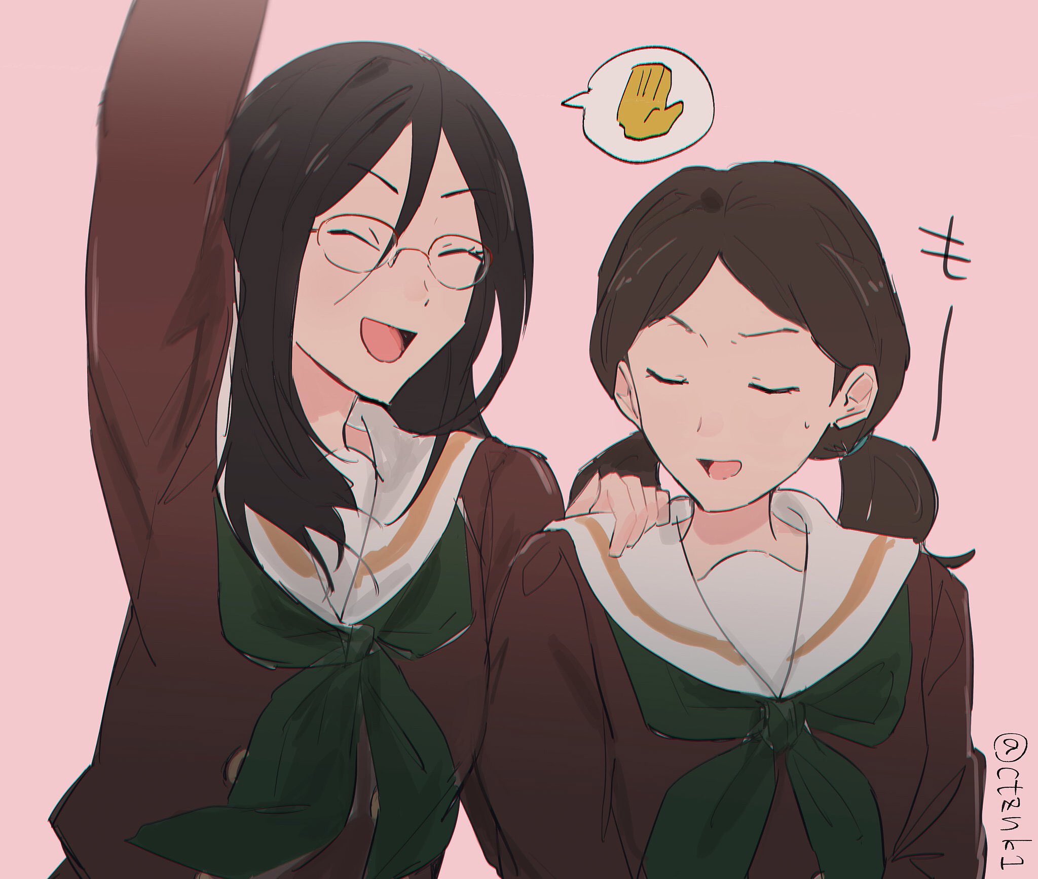 biiko (king1015g), ogasawara haruka, tanaka asuka, hibike! euphonium, highres, 2girls, arm up, black hair, brown hair, brown serafuku, closed eyes, glasses, green neckerchief, kitauji high school uniform, long hair, multiple girls, neckerchief, open mouth, sailor collar, school uniform, serafuku, shirt, short hair, simple background, smile, speech bubble, sweatdrop, twintails, upper body, white sailor collar