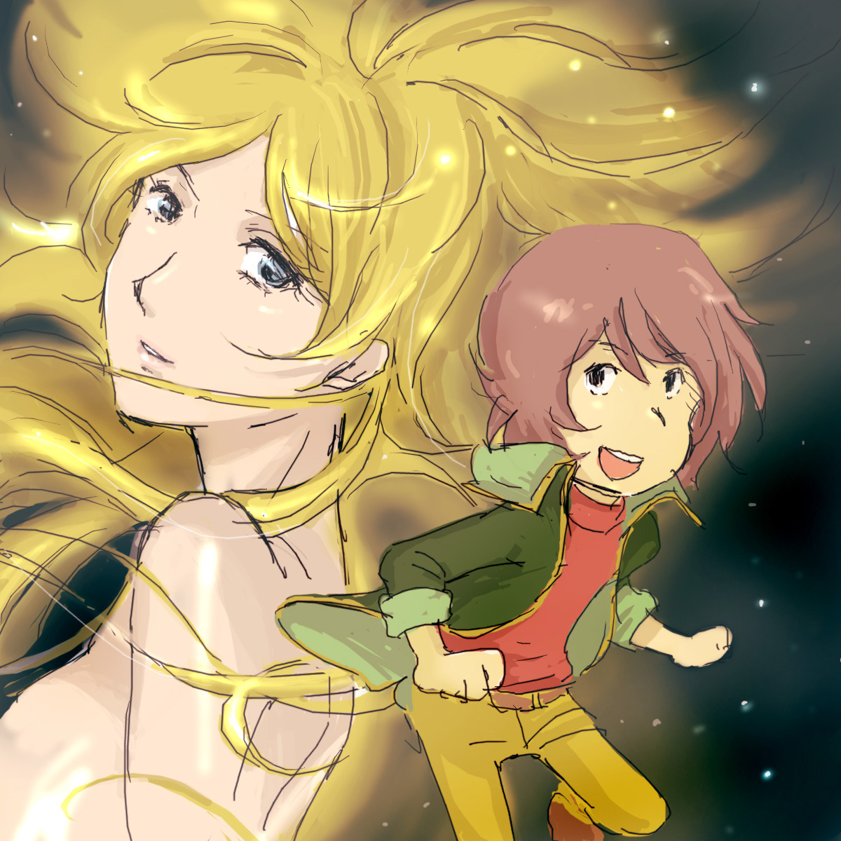 emarujon, hoshino tetsuro, hoshino tetsurou, maetel, ginga tetsudou 999, bad id, bad pixiv id, highres, 1970s (style), blonde hair, brown hair, long hair, nude, retro artstyle, short hair, smile