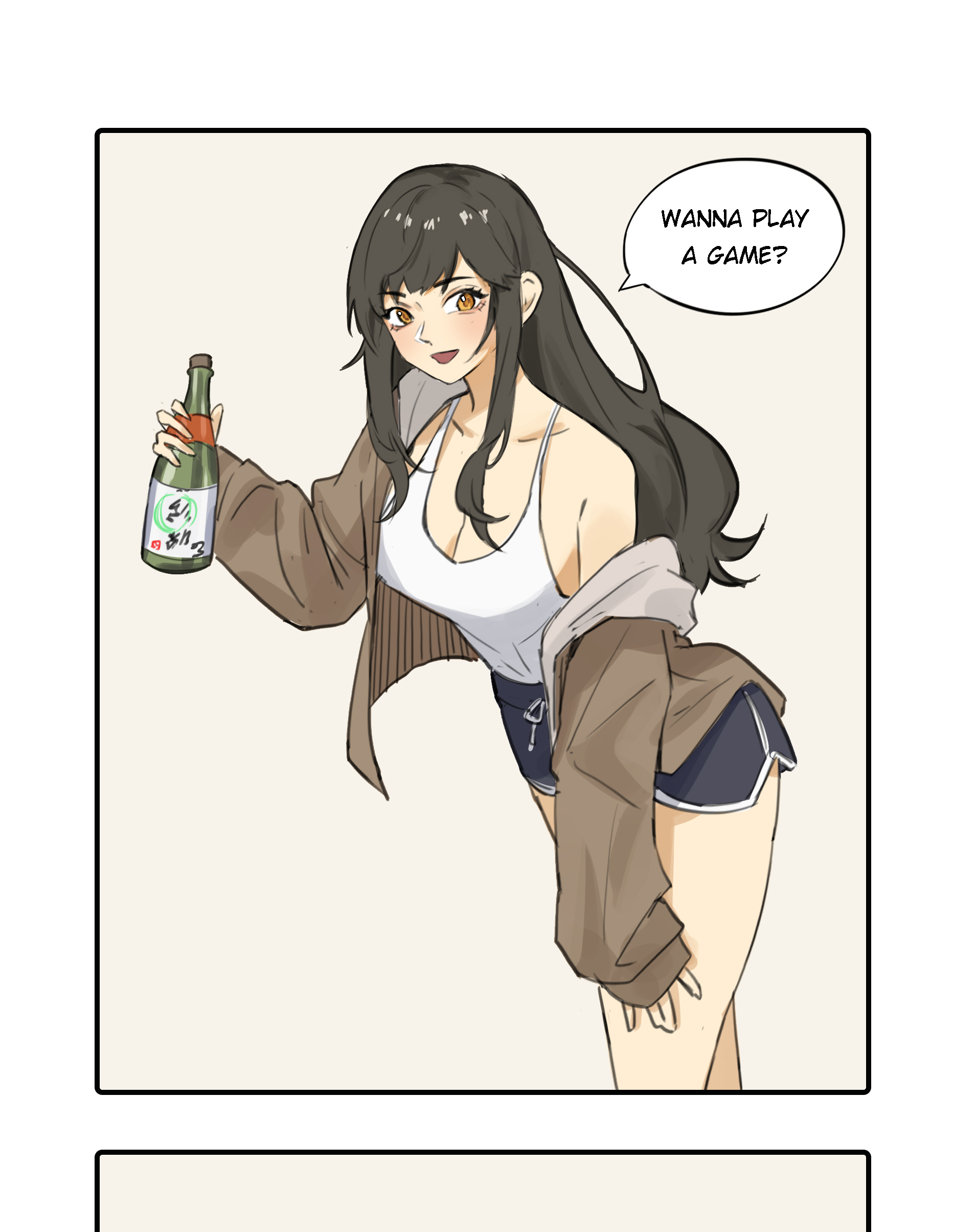 shouz, original, absurdres, highres, 1girl, black hair, black shorts, bottle, breasts, brown jacket, cleavage, dolphin shorts, english text, glass bottle, holding, holding bottle, jacket, jacket partially removed, large breasts, leaning forward, long hair, long sleeves, looking at viewer, open mouth, orange eyes, parted bangs, short shorts, shorts, sidelocks, single bare shoulder, smile, solo, speech bubble, tank top, white tank top