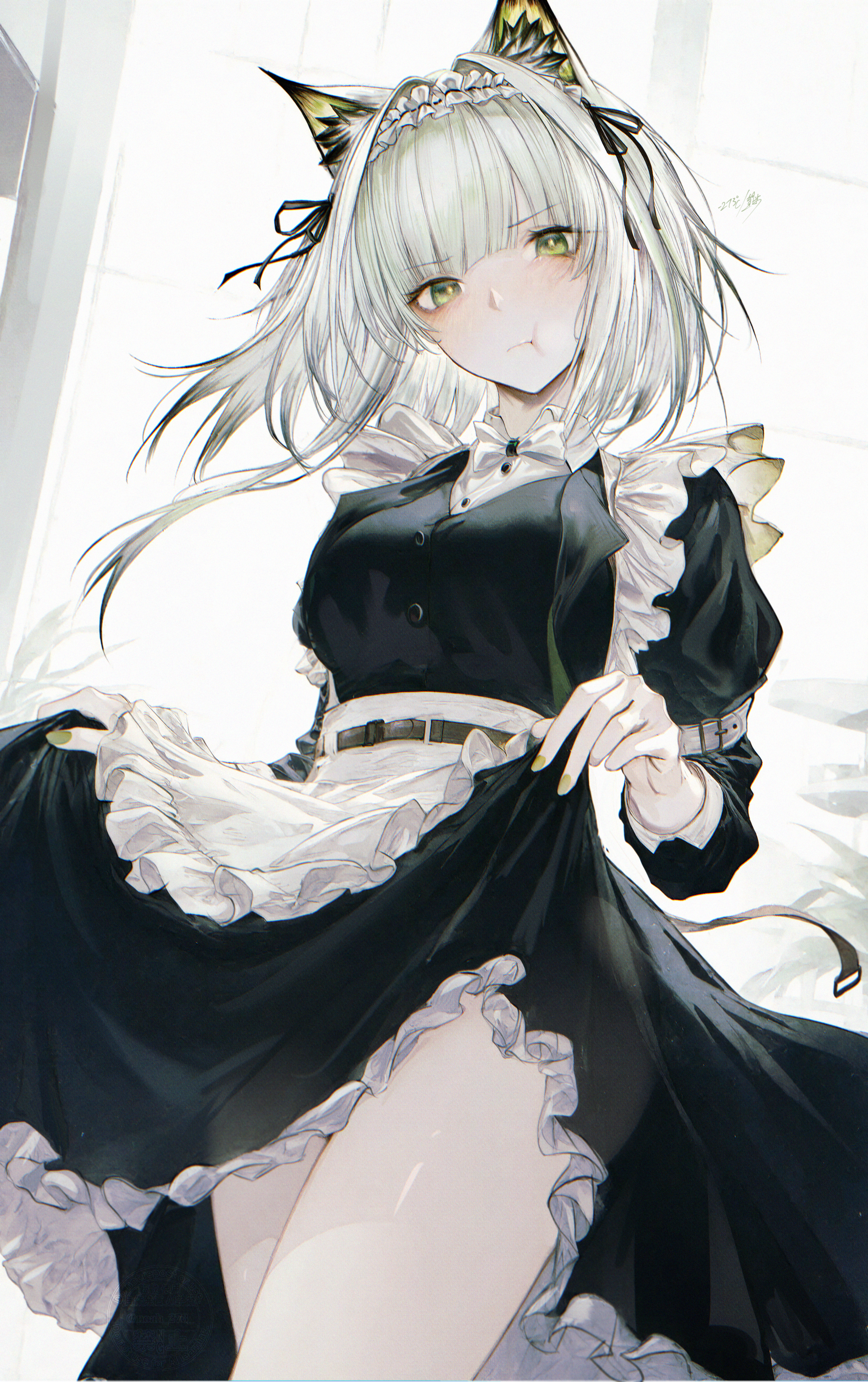 renoahh, kal'tsit (arknights), kal'tsit (the remains of time) (arknights), arknights, absurdres, commentary request, highres, 1girl, animal ears, apron, arm belt, belt, black ribbon, bow, bowtie, breasts, cat ears, cat girl, closed mouth, clothes lift, cowboy shot, frilled apron, frilled skirt, frills, green eyes, green hair, green nails, hair ribbon, lifting own clothes, long sleeves, looking at viewer, maid, maid apron, maid headdress, medium breasts, medium hair, official alternate costume, pout, ribbon, skirt, skirt lift, solo, white belt, white bow, white bowtie