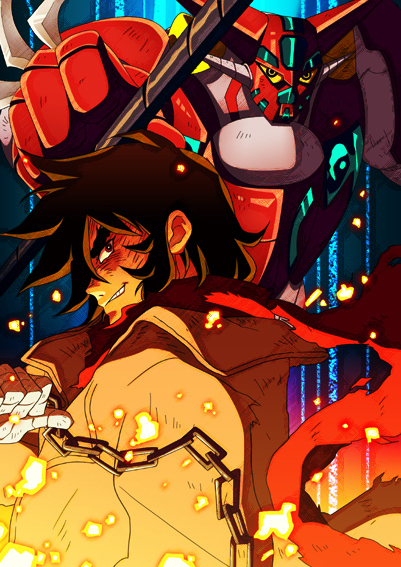 akira28, pachi (akira28), nagare ryoma, shin getter-1, getter robo, toei company, bad id, bad pixiv id, 1boy, chain, coat, male focus, mecha, red scarf, robot, scarf, super robot, trench coat