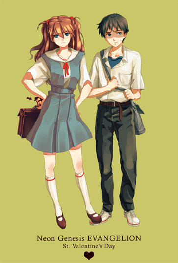 akira28, pachi (akira28), ikari shinji, souryuu asuka langley, neon genesis evangelion, bad id, bad pixiv id, 1boy, 1girl, brown hair, kneehighs, orange hair, school uniform, shoes, sneakers, socks, valentine