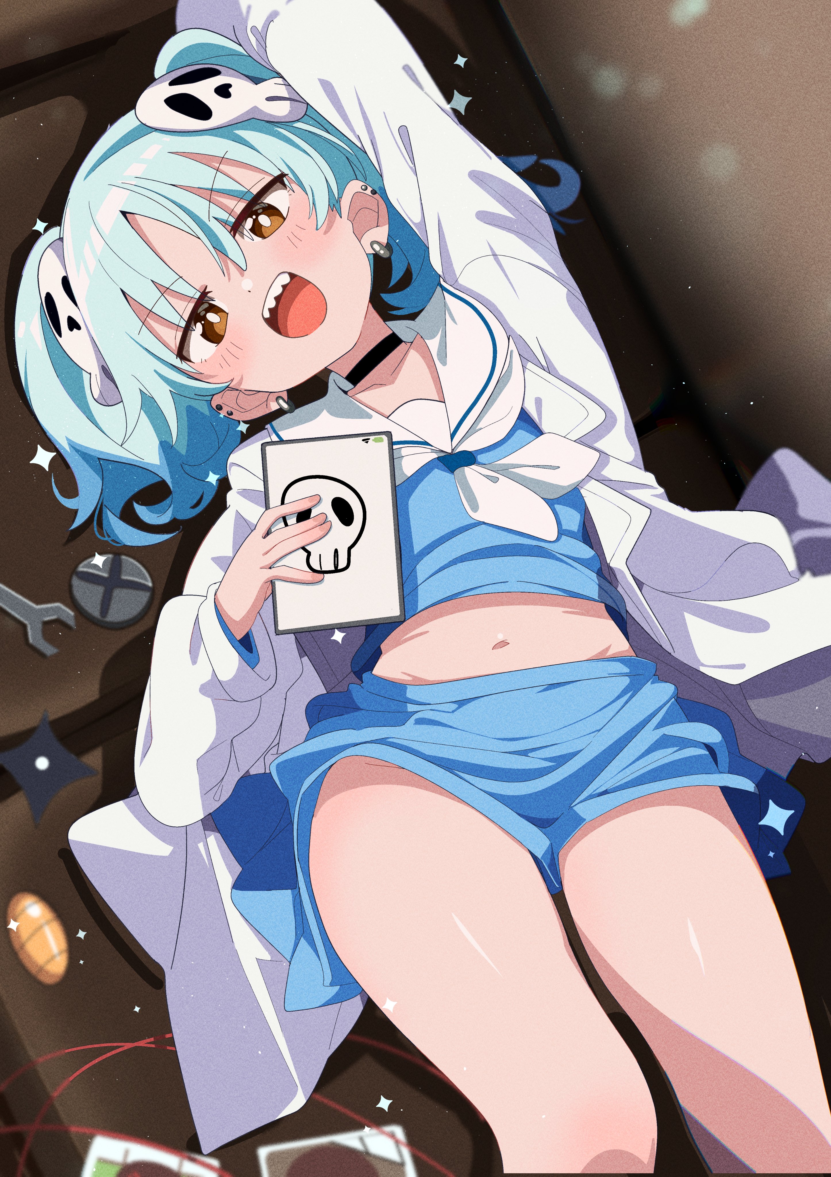 shiro9jira, original, absurdres, highres, 1girl, :d, black choker, blue hair, blue shirt, blue shorts, blush, brown eyes, choker, earrings, hair ornament, holding, holding tablet pc, jewelry, lab coat, long sleeves, looking at viewer, lying, midriff, navel, neckerchief, on back, open mouth, sailor collar, sharp teeth, shirt, shorts, skull hair ornament, smile, solo, tablet pc, teeth, twintails, white neckerchief, white sailor collar