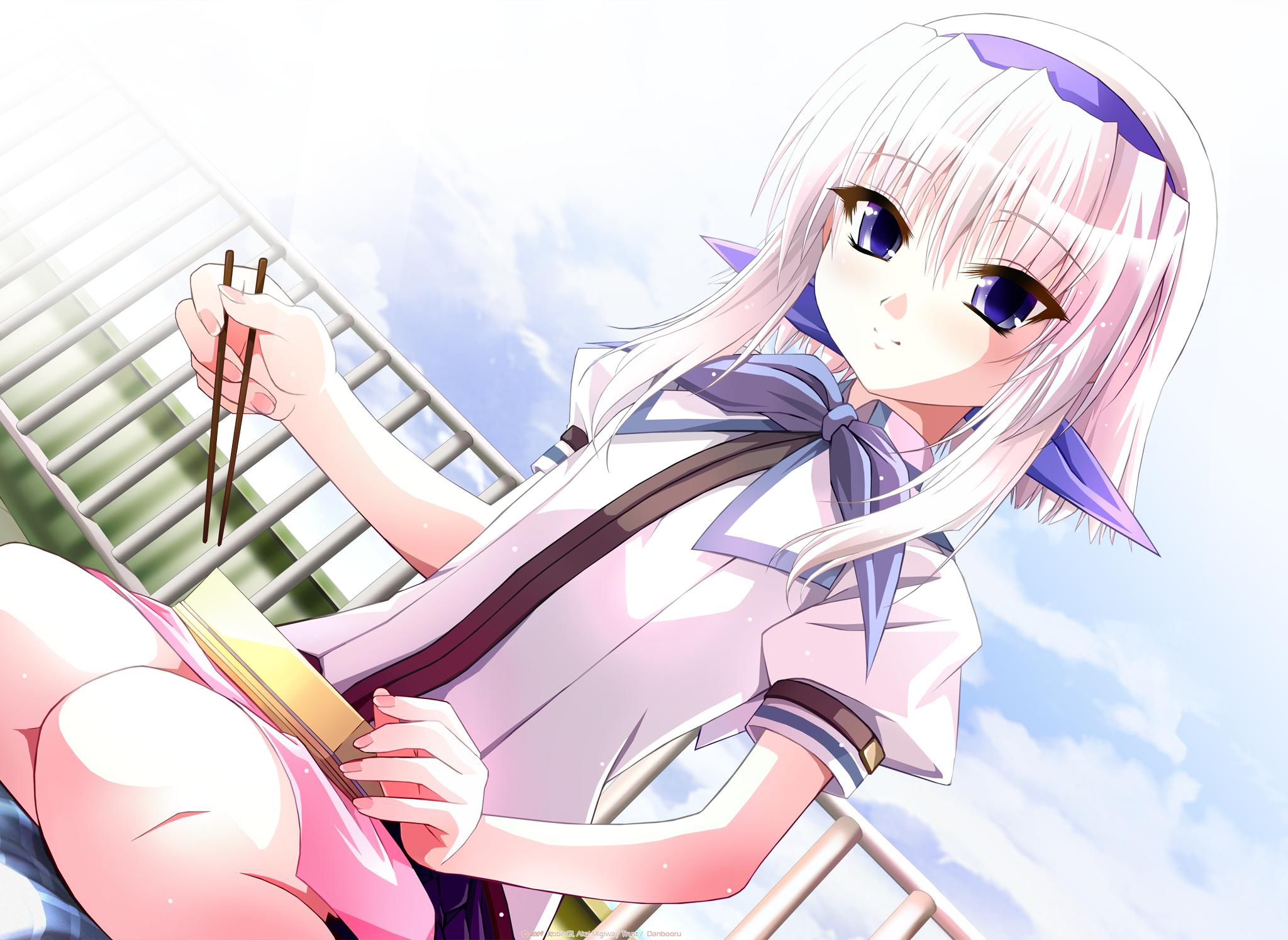 aoi nagisa (metalder), robingi, hikawa shizuku, cross ~kyouki e no michi shirube~, ore no koibito ~hikawa shizuku, highres, non-web source, 1girl, bento, blue eyes, blush, chopsticks, cloud, day, dutch angle, female focus, fence, flat chest, flower, hairband, kneeling, knees, nail polish, outdoors, ribbon, school uniform, short hair, sky, smile, solo, white hair, wings