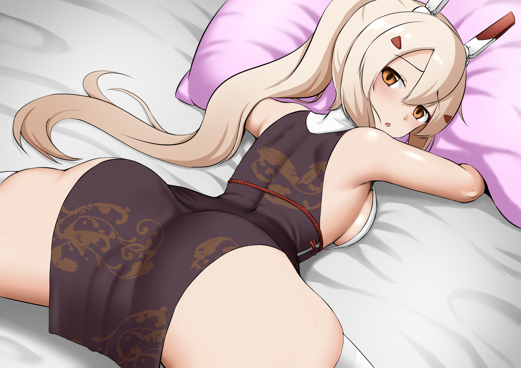 hajime (wkpz8247), ayanami (azur lane), ayanami (lunar demon) (azur lane), azur lane, pink pillow, highres, 1girl, :o, ass, bare shoulders, blonde hair, breast press, breasts, cameltoe, china dress, chinese clothes, dress, embarrassed, from behind, hair ornament, head on pillow, headgear, high ponytail, long hair, looking at viewer, looking back, lying, medium breasts, multicolored dress, official alternate costume, on bed, on stomach, orange eyes, parted lips, pillow, ponytail, print dress, red dress, red ribbon, ribbon, sideboob, sleeveless, sleeveless dress, solo, spread legs, tight clothes, tight dress