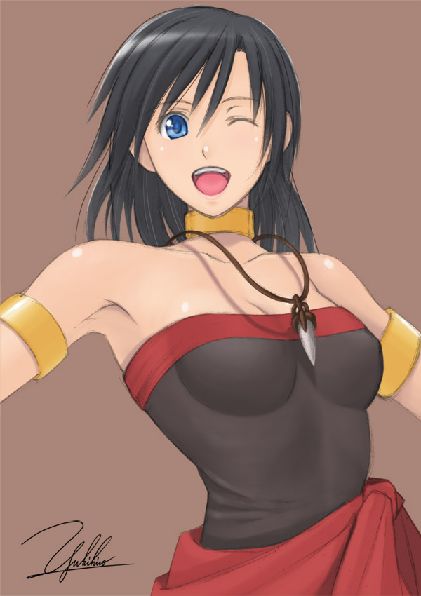 yukihiro, original, armlet, black hair, blue eyes, collar, jewelry, neck ring, necklace, one eye closed, short hair, signature, solo, wink