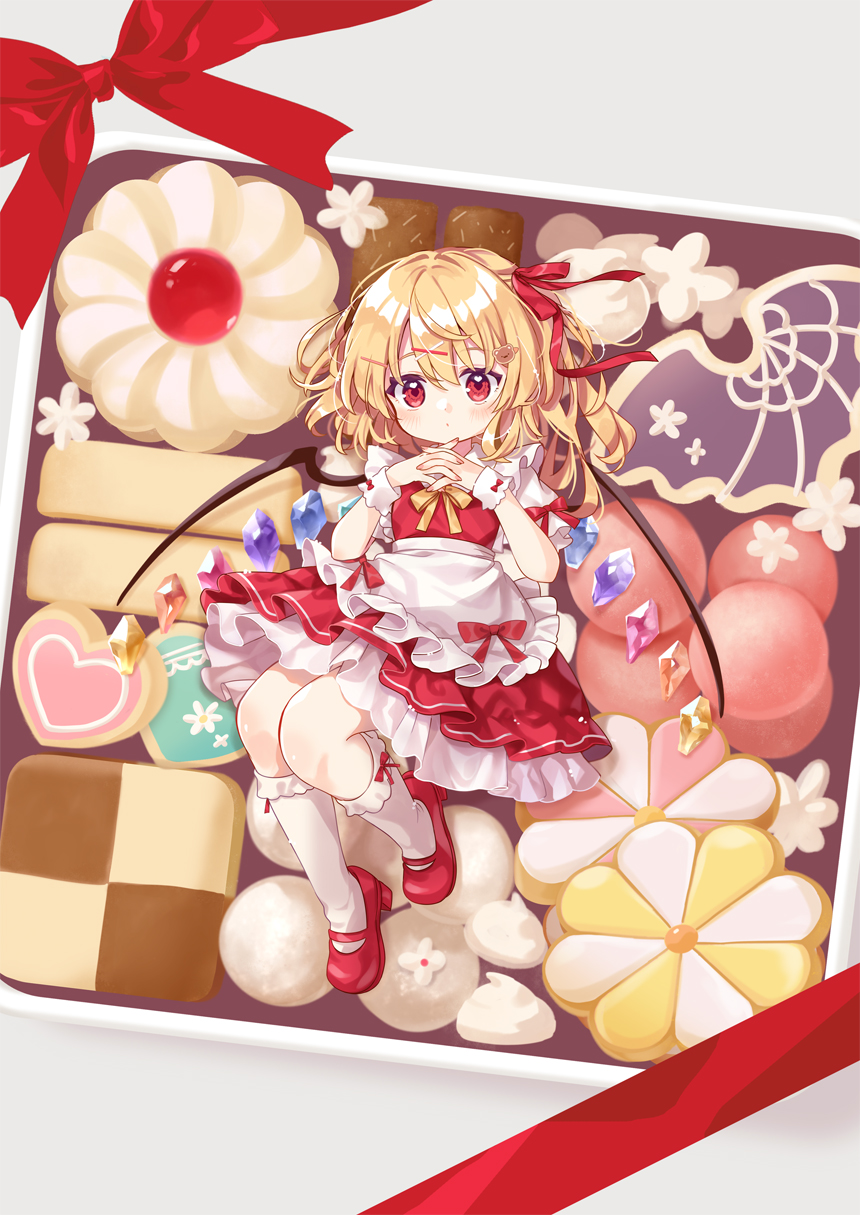 mimi (mimi puru), flandre scarlet, touhou, commentary request, highres, 1girl, apron, blonde hair, bow, checkerboard cookie, claw hair clip, closed mouth, cookie, crystal, dress, food, full body, hair ornament, hair ribbon, hairclip, heart, heart-shaped cookie, heart-shaped food, interlocked fingers, kneehighs, long hair, looking at viewer, lying, mary janes, meringue, on back, own hands together, puffy short sleeves, puffy sleeves, red bow, red dress, red eyes, red ribbon, red shoes, ribbon, shoes, short sleeves, socks, solo, thumbprint cookie, white apron, white socks, wings, wrist cuffs