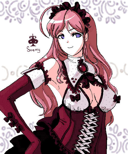 soemy, 1girl, breasts, cleavage, female focus, gloves, hand on own hip, large breasts, light smile, long hair, oekaki, pink hair, purple eyes, solo
