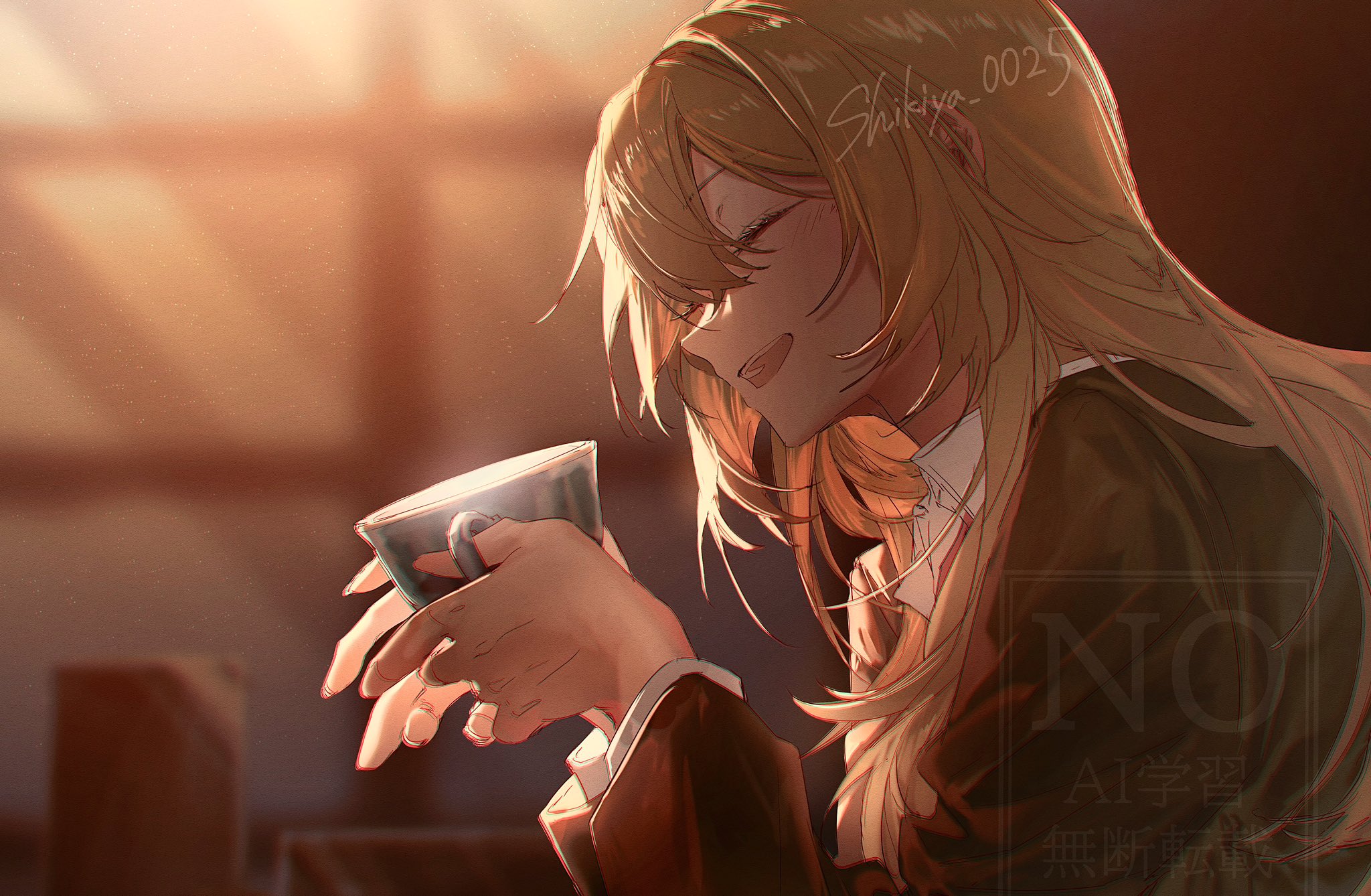ienaga mugi, nijisanji, highres, 1girl, blonde hair, blurry, blurry background, blush, brown jacket, closed eyes, collared shirt, cup, fingernails, from side, holding, holding cup, indoors, jacket, light particles, long hair, long sleeves, open mouth, school uniform, shikiya 0025, shirt, smile, solo, teacup, teeth, upper body, upper teeth only, watermark, white shirt